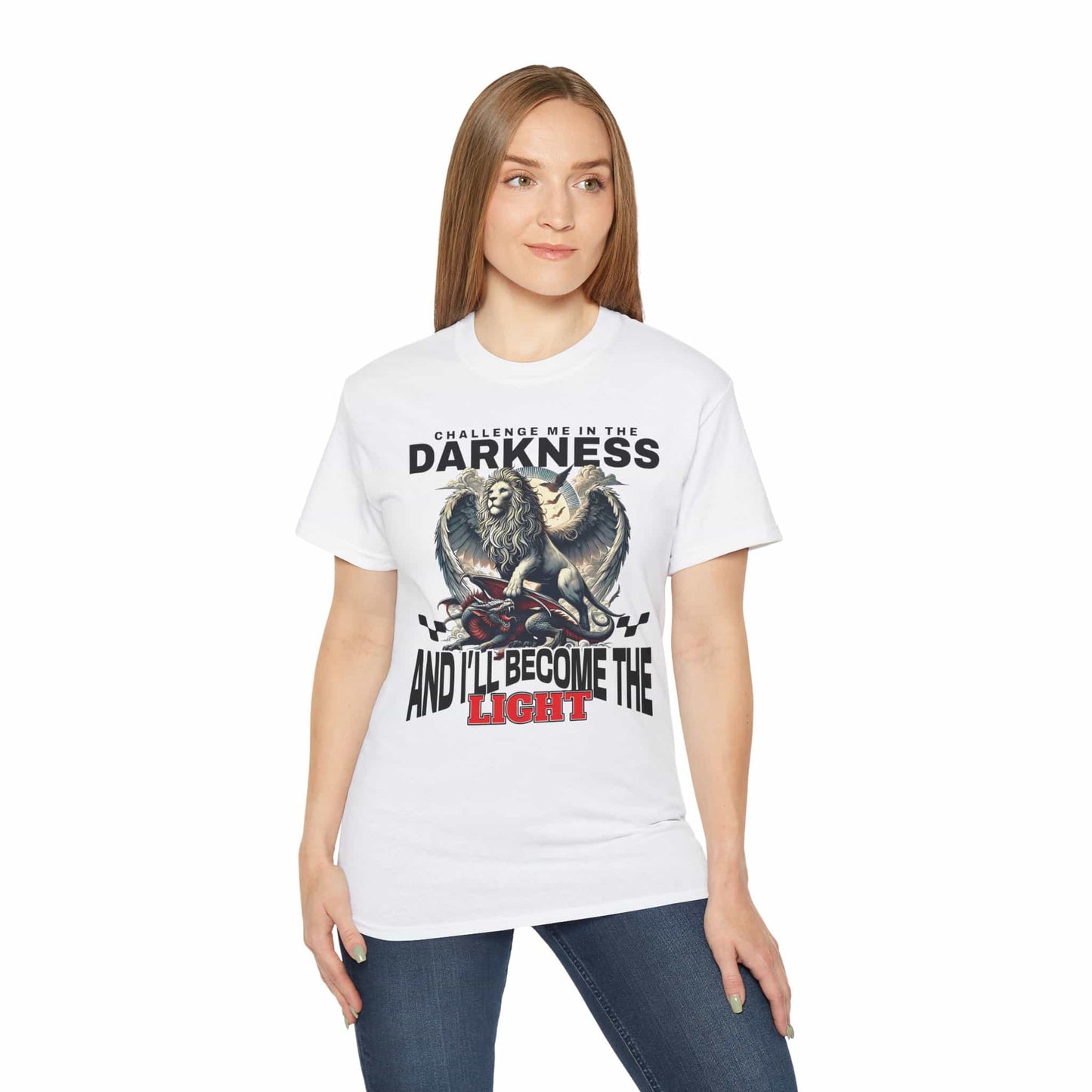 A woman wearing a white Challenge Me in the Darkness Lion T-Shirt featuring a majestic winged lion graphic.