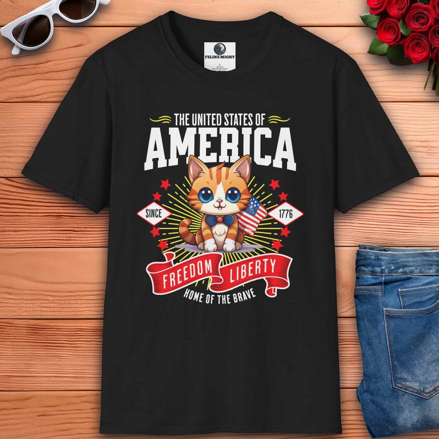 Cute American kitten black t-shirt design featuring the text 'Freedom & Liberty' and stars