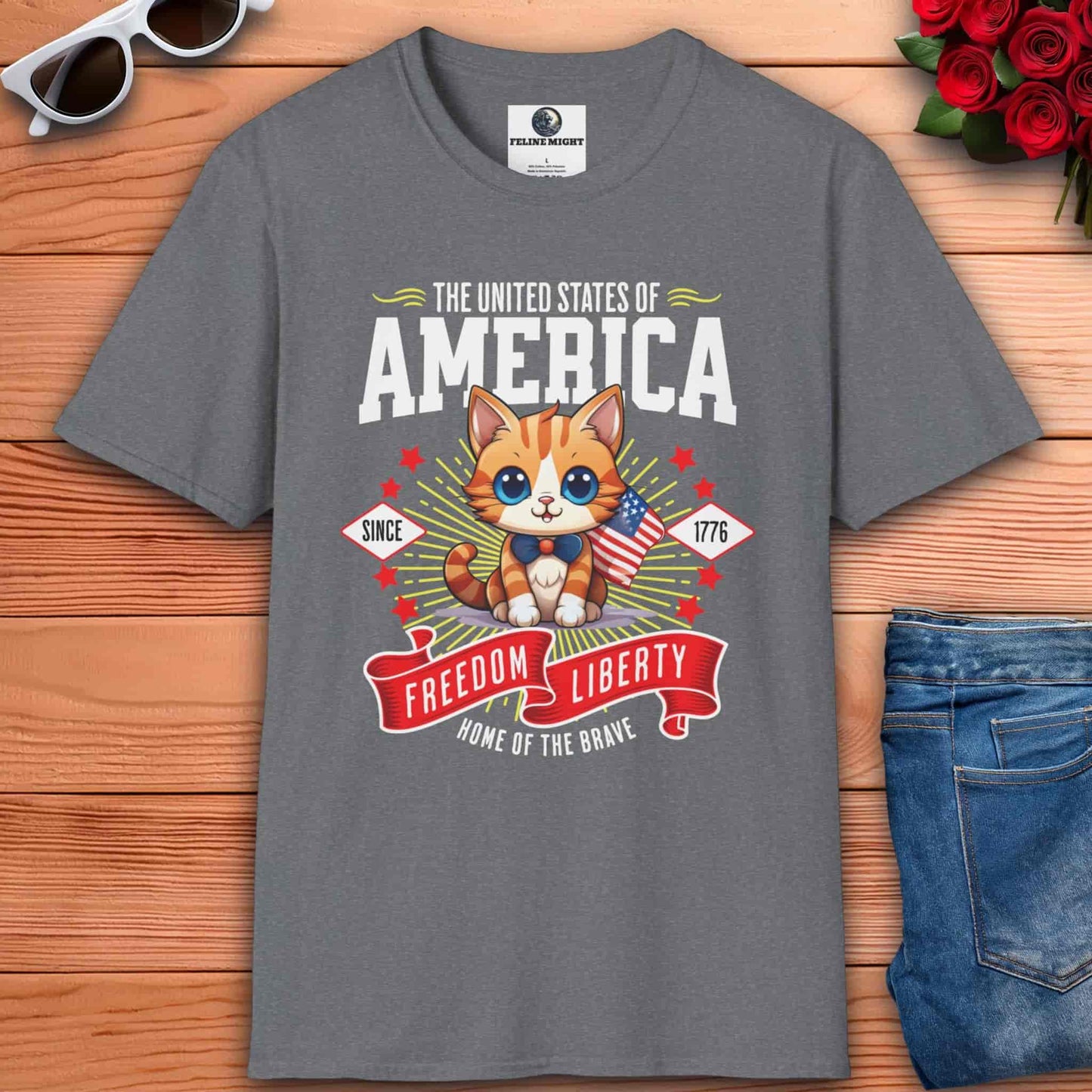 Cute American kitten athletic heather grey t-shirt design featuring the text 'Freedom & Liberty' and stars