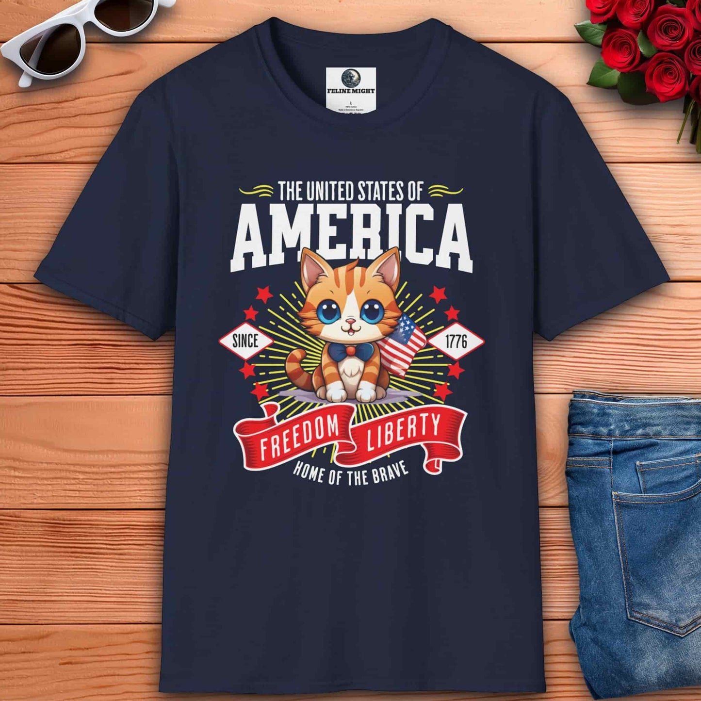 Cute American kitten navy blue t-shirt design featuring the text 'Freedom & Liberty' and stars