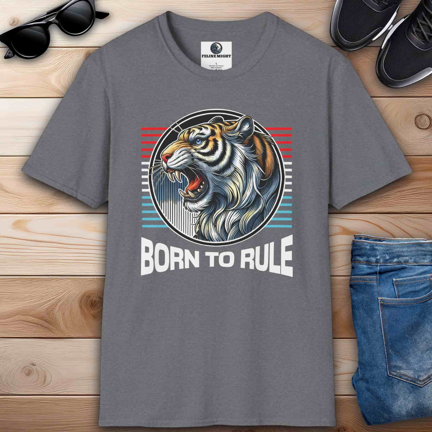 A gray Born to Rule Tiger T-Shirt featuring a fierce roaring tiger with vibrant colors and the text 'Born to Rule'.