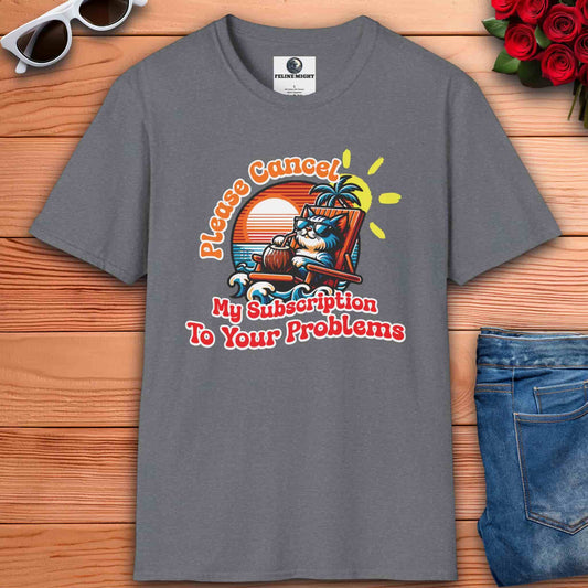 Humorous athletic heather grey t-shirt design with a cat and sunset, saying 'Please Cancel My Subscription To Your Problems'