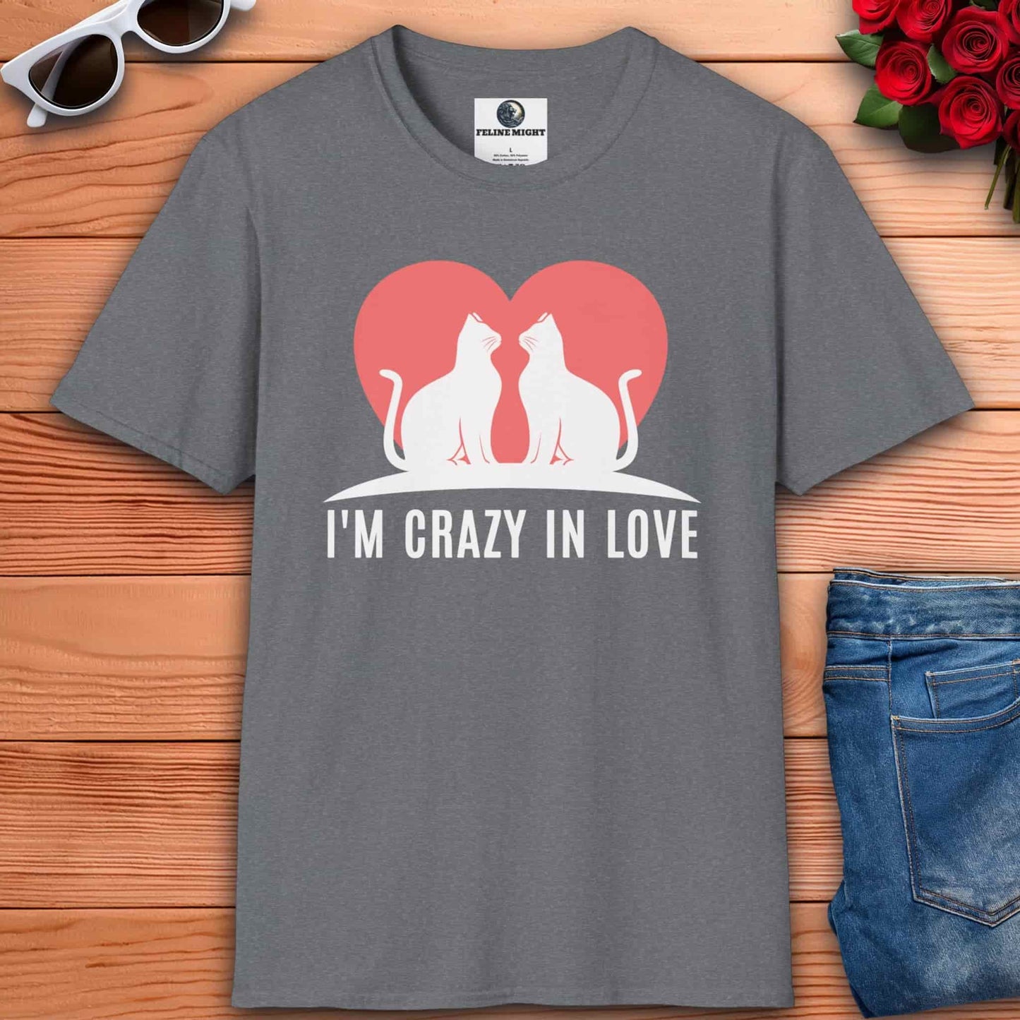 A gray Crazy in Love Cat Couple T-Shirt with "I'M CRAZY IN LOVE" text and cute cat illustration.