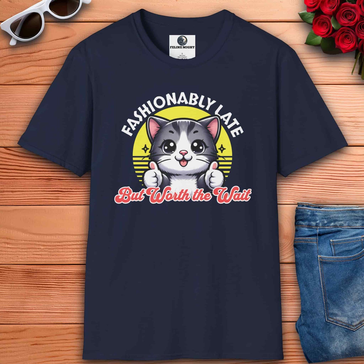 Navy blue t-shirt featuring a cute cat graphic with the text 'Fashionably Late But Worth the Wait'.
