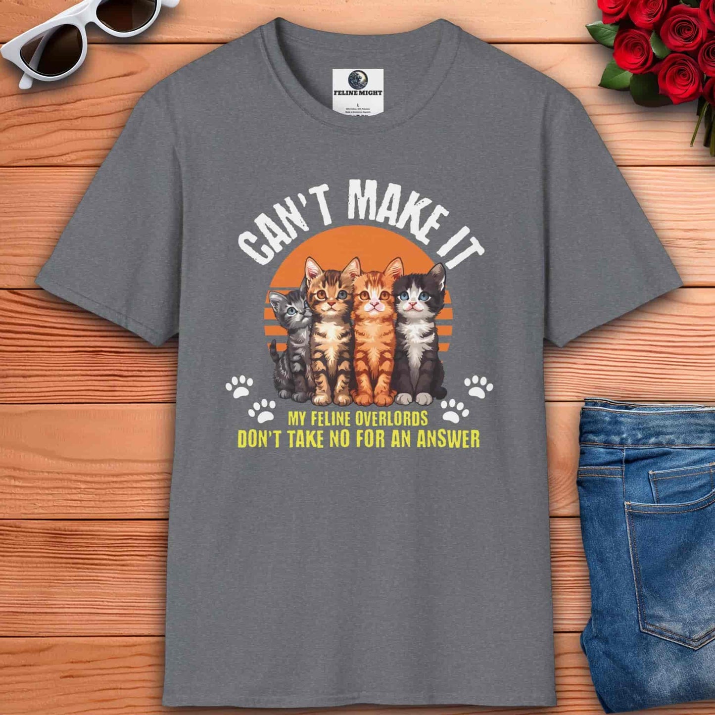 Humorous grey t-shirt featuring cats and the phrase 'My Feline Overlords don't take no for an answer', ideal for cat enthusiasts who enjoy playful style in their outfits.