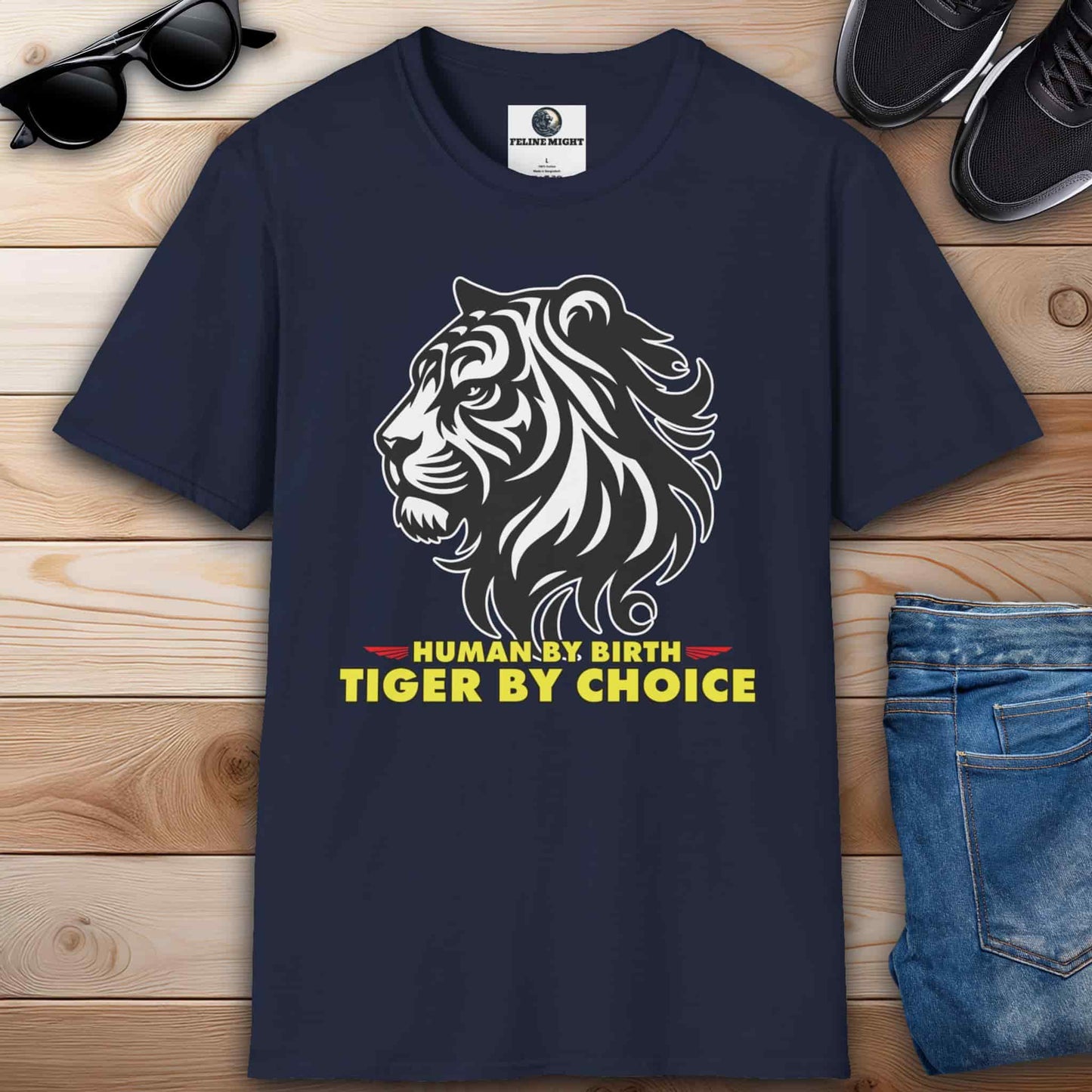 Human by Birth Tiger by Choice T-Shirt featuring a bold tiger graphic on a navy blue tee.
