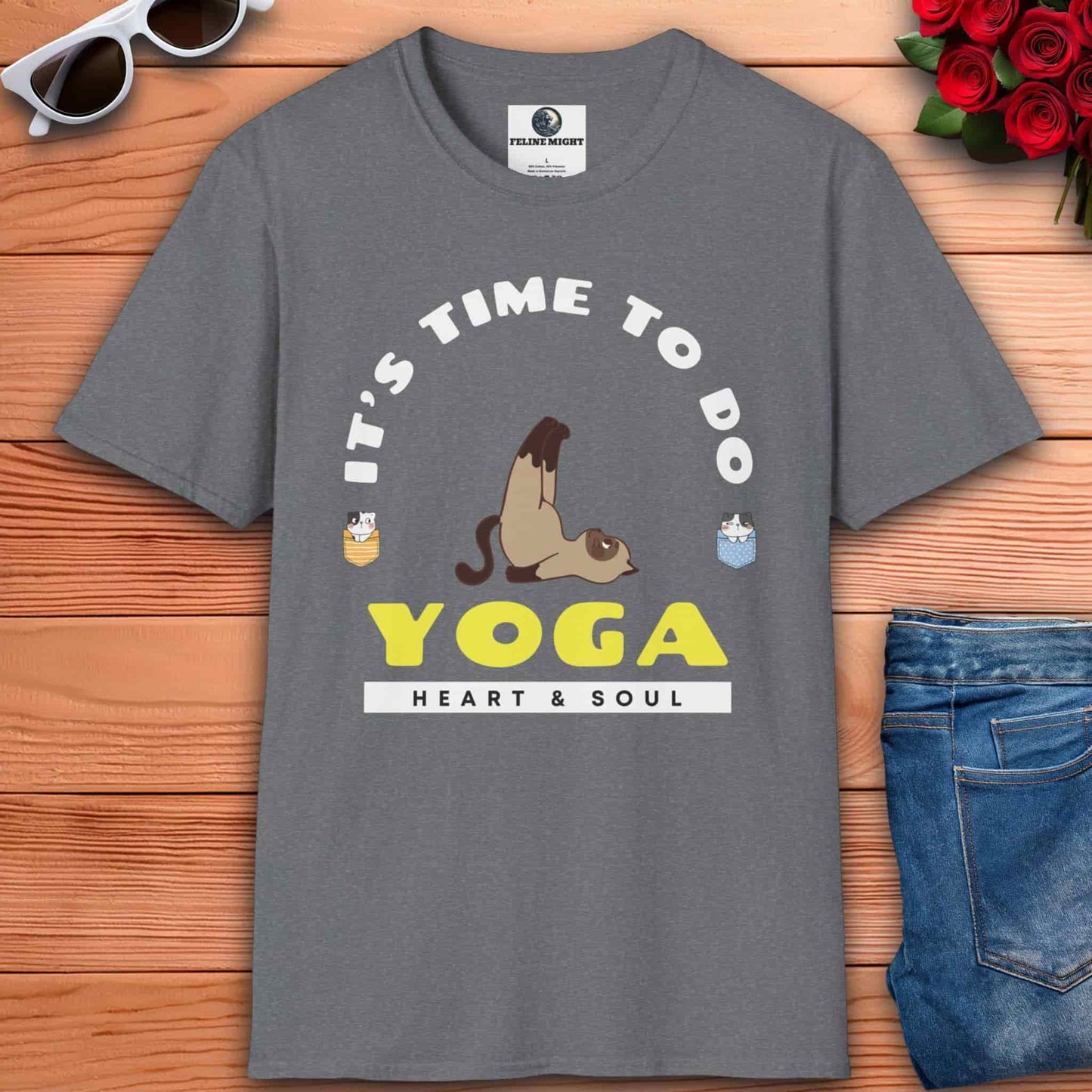 Cute yoga-themed athletic heather grey t-shirt featuring a playful cat illustration and the phrase “It’s time to do yoga”.