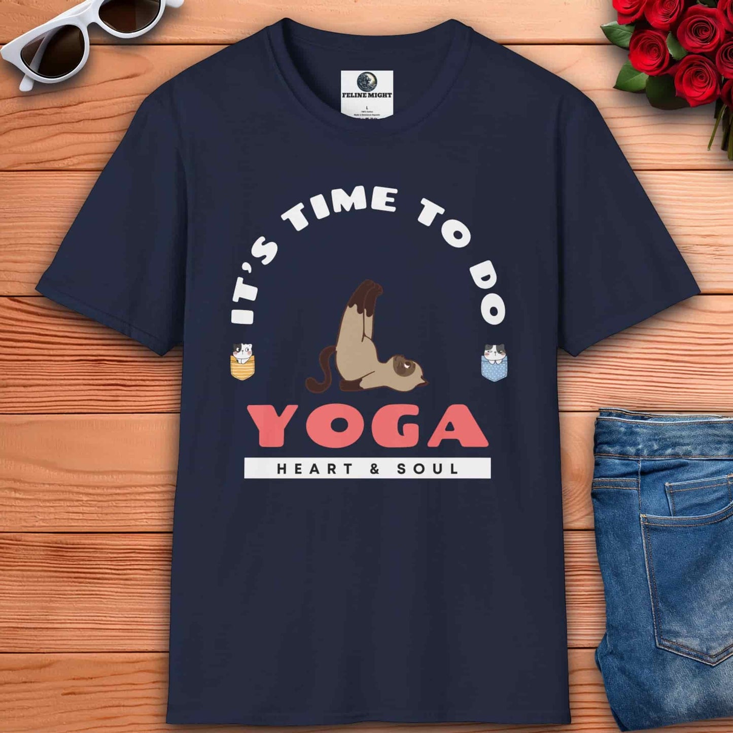 Cute yoga-themed navy blue t-shirt featuring a playful cat illustration and the phrase “It’s time to do yoga”.