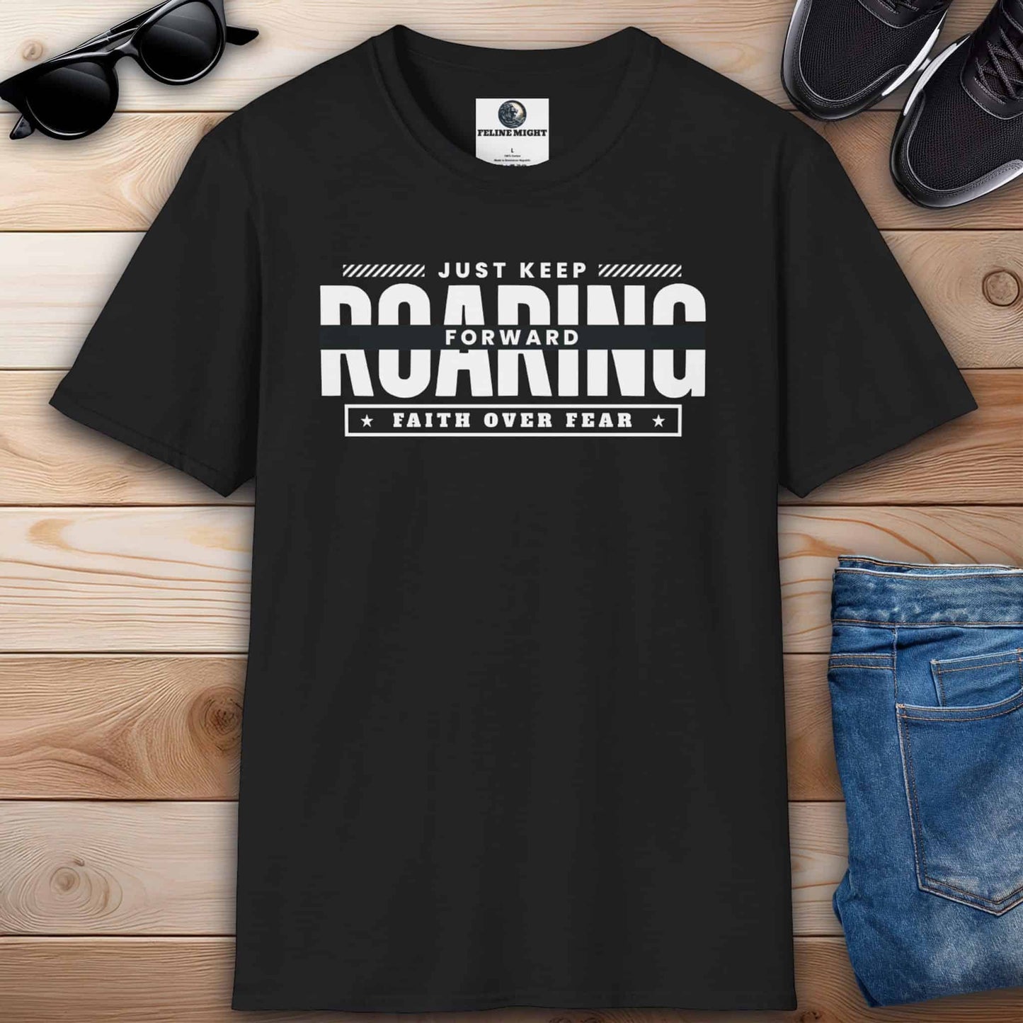 Motivational black Just Keep Roaring Forward T-shirt with 'Just Keep Roaring Forward' text