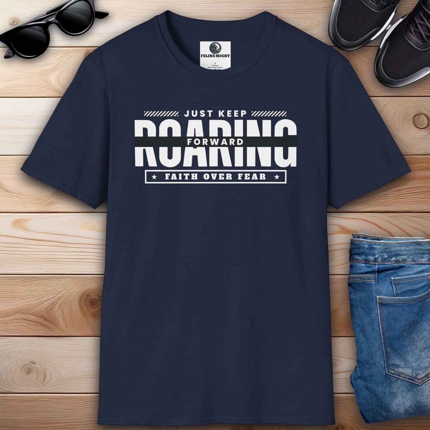 Motivational navy blue Just Keep Roaring Forward T-shirt with 'Just Keep Roaring Forward' text
