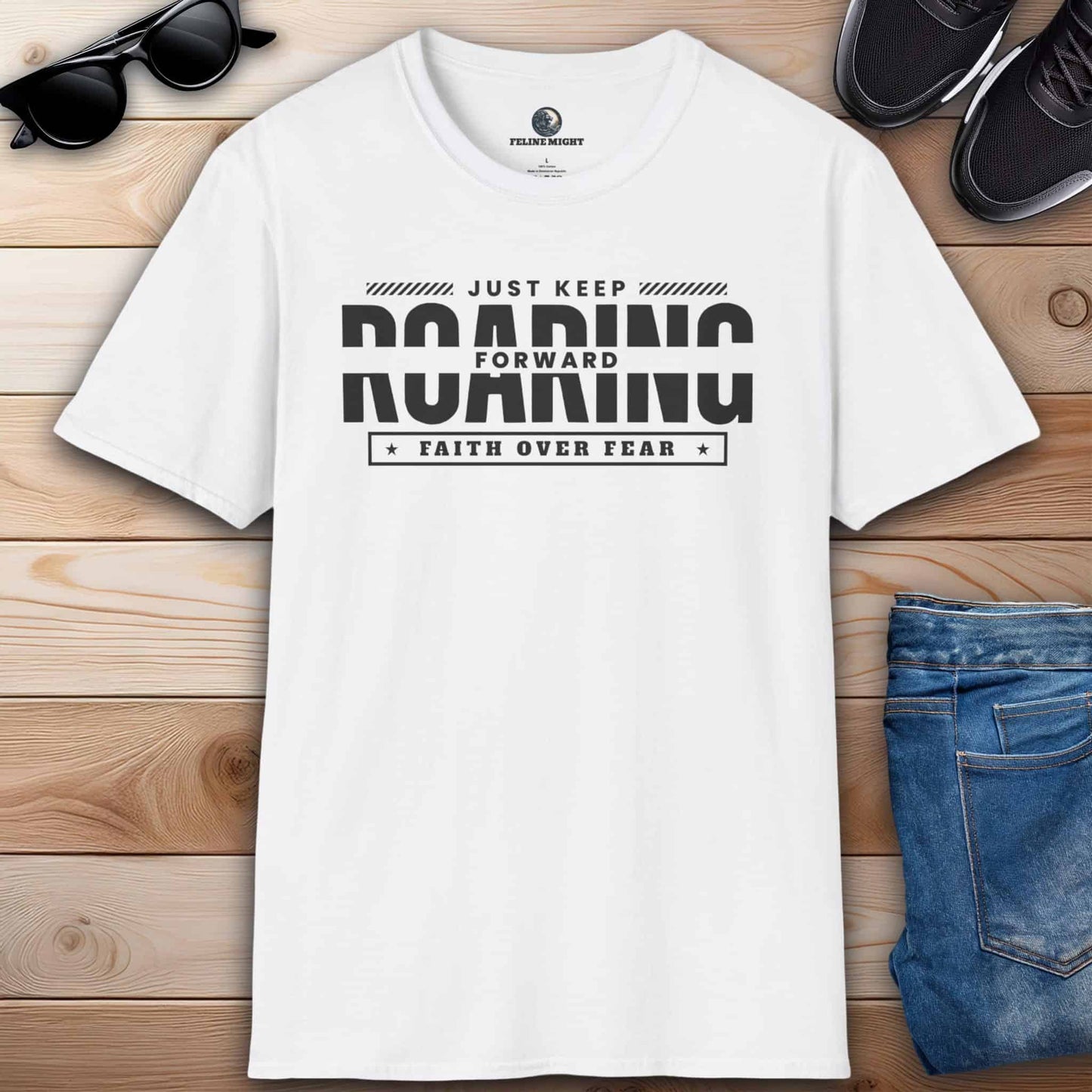 Motivational white Just Keep Roaring Forward T-shirt with 'Just Keep Roaring Forward' text