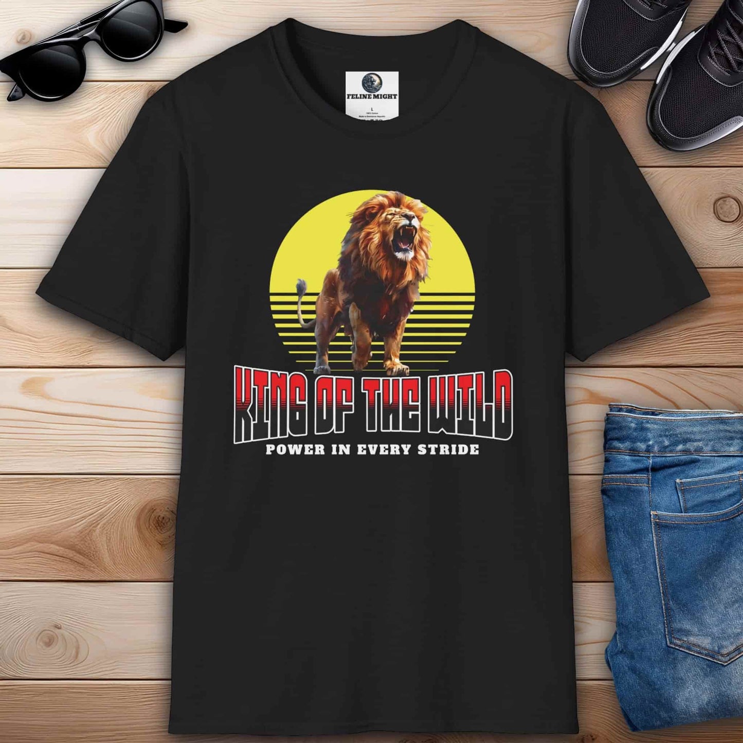 A black King of the Wild Lion T-Shirt featuring a roaring lion graphic with 'King of the Wild' text.