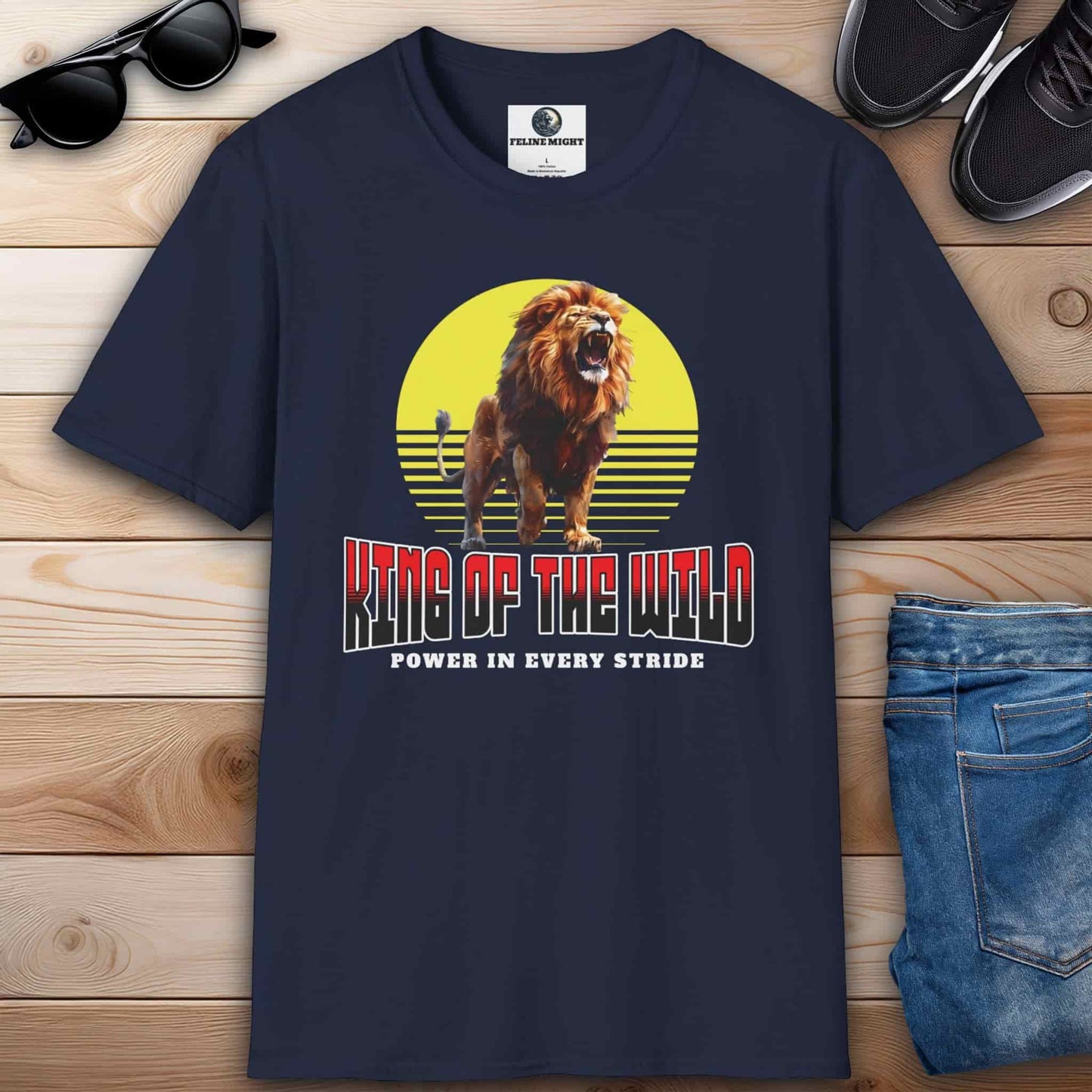 A navy blue King of the Wild Lion T-Shirt featuring a roaring lion graphic with 'King of the Wild' text.