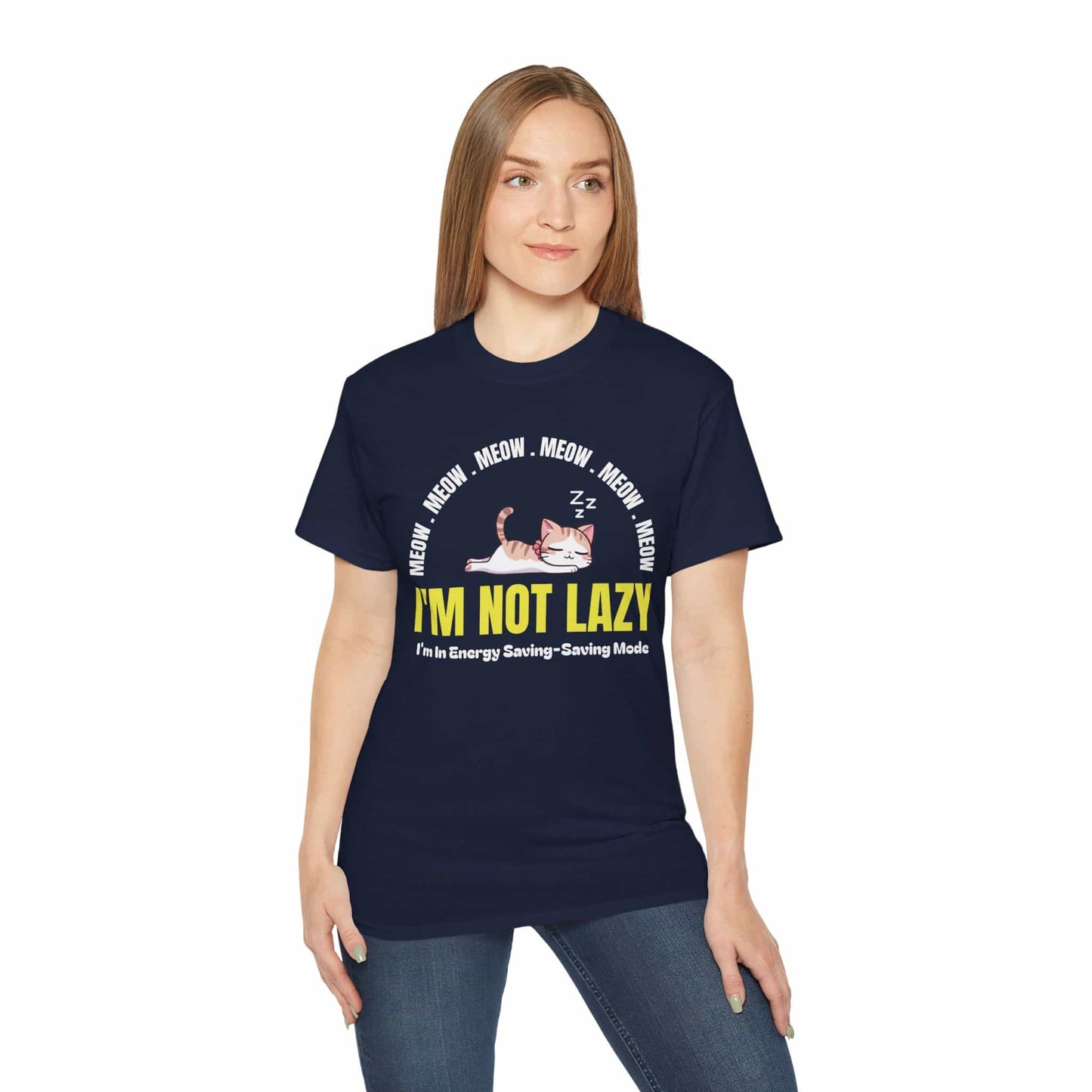 A woman in a navy blue Lazy Cat Funny T-Shirt featuring a sleeping cat with text I'm Not Lazy, perfect for cat lovers and humorous fashion.