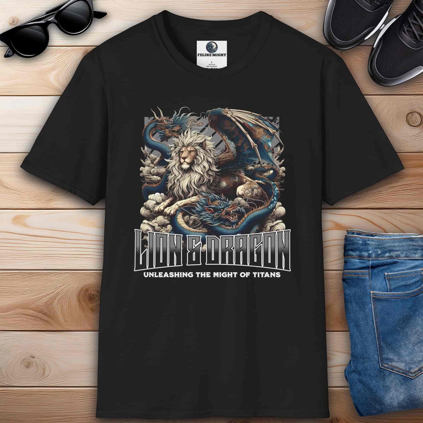 Black graphic t-shirt featuring a lion and dragon design, showcasing the theme 'Unleashing the Might of Titans.'