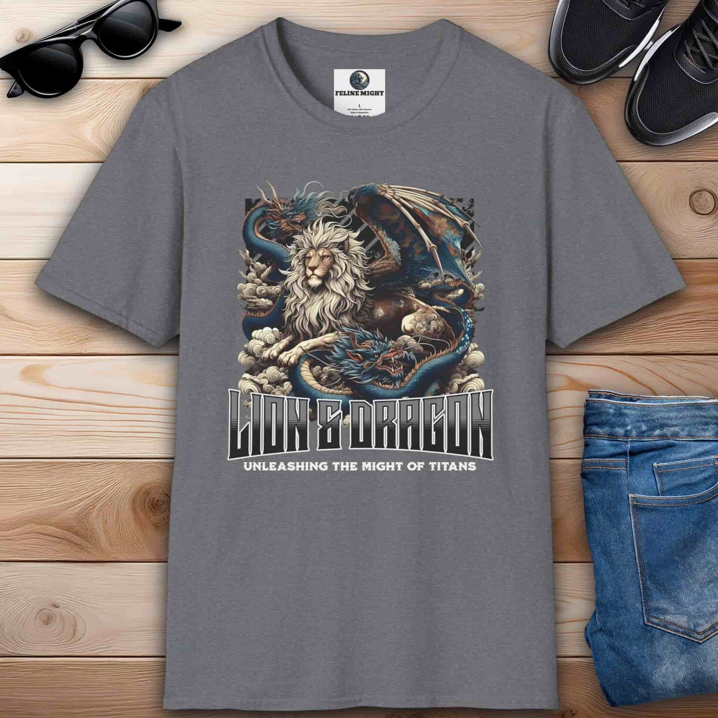 Athletic heather grey graphic t-shirt featuring a lion and dragon design, showcasing the theme 'Unleashing the Might of Titans.'