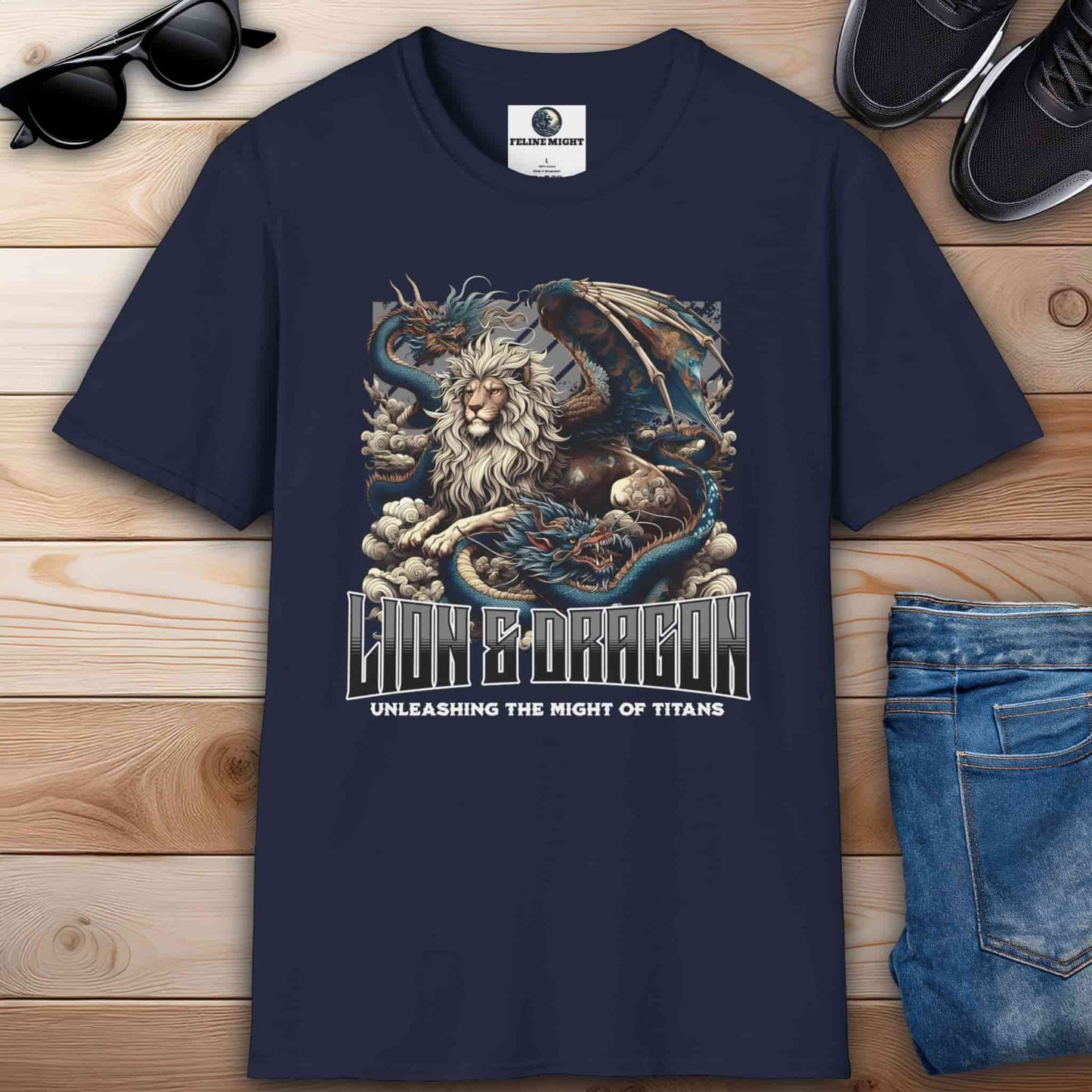 Navy blue graphic t-shirt featuring a lion and dragon design, showcasing the theme 'Unleashing the Might of Titans.'
