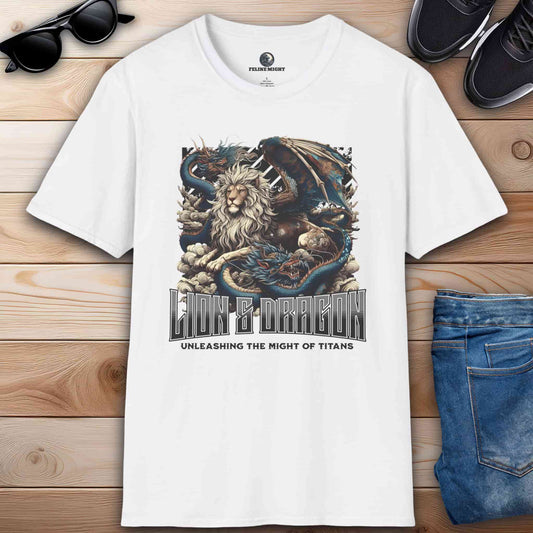 A white Lion & Dragon Tee featuring a graphic design with a lion and dragon, showcasing the theme 'Unleashing the Might of Titans.'