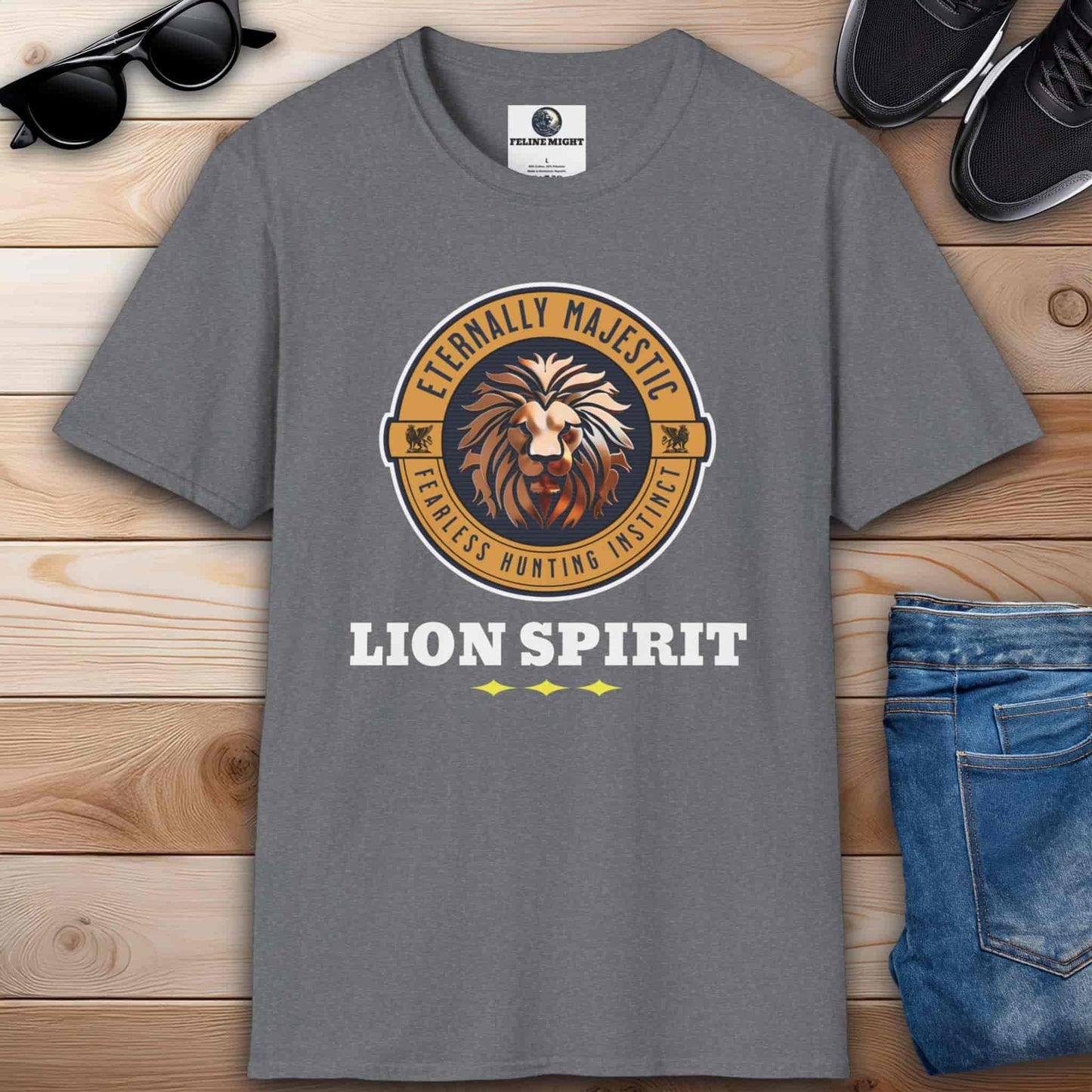 A gray t-shirt featuring the 'Eternally Majestic' phrase with a lion graphic – Lion Spirit T-Shirt.