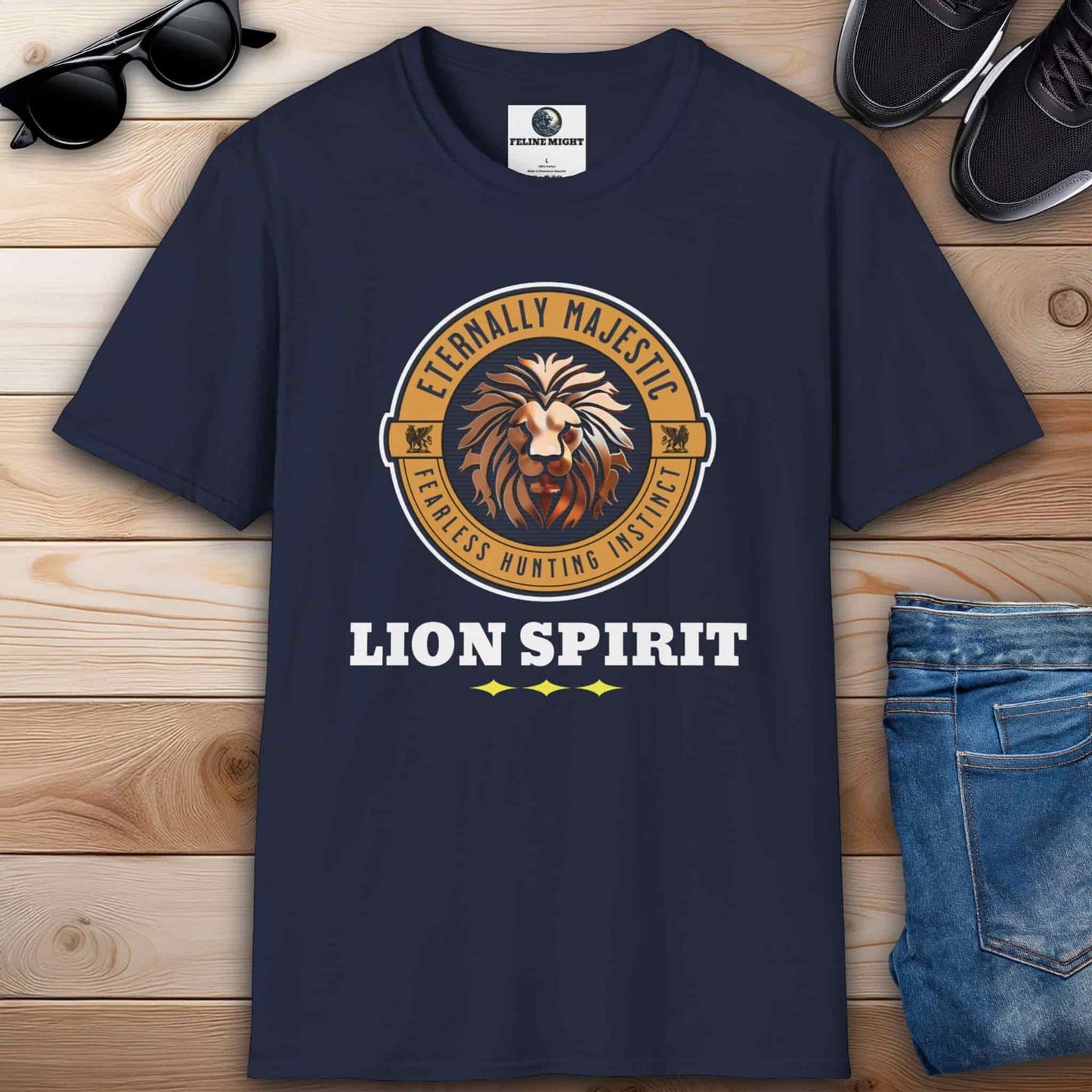 A navy blue t-shirt featuring the 'Eternally Majestic' phrase with a lion graphic – Lion Spirit T-Shirt.