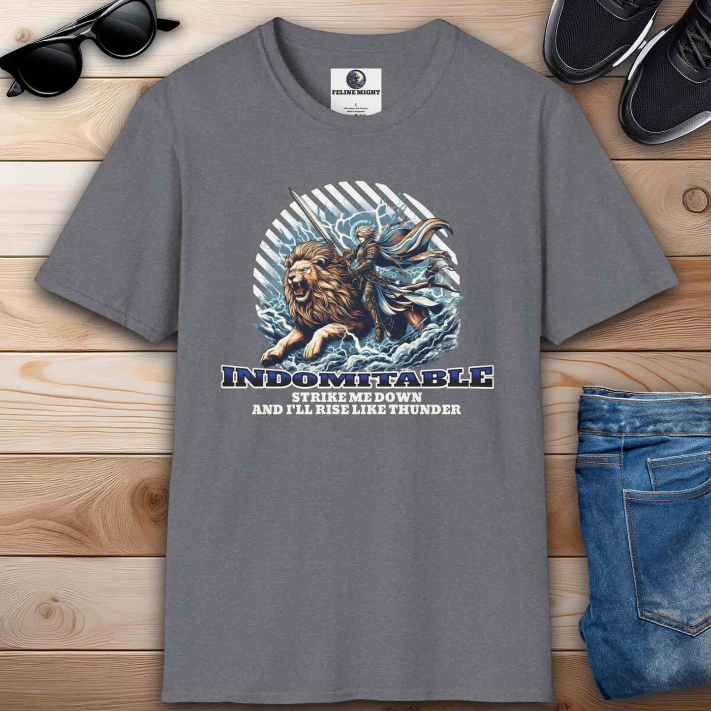 Athletic heather grey t-shirt featuring an indomitable lion and warrior graphic with the quote 'Strike me down and I'll rise like thunder.'