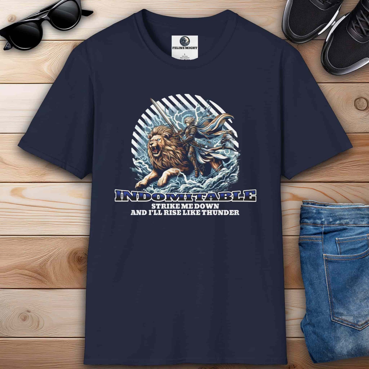 Navy blue t-shirt featuring an indomitable lion and warrior graphic with the quote 'Strike me down and I'll rise like thunder.'