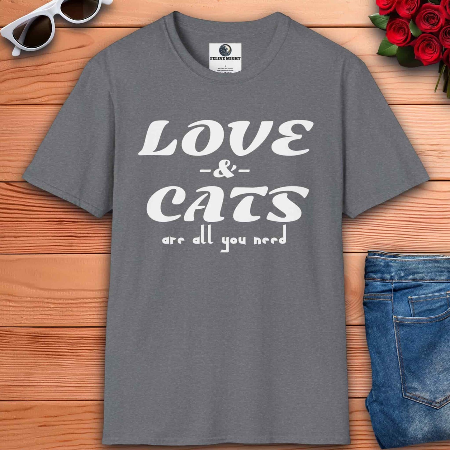 A gray Love and Cats T-Shirt emphasizing a passion for felines and affection, perfect for cat lovers who enjoy fun and casual wear.