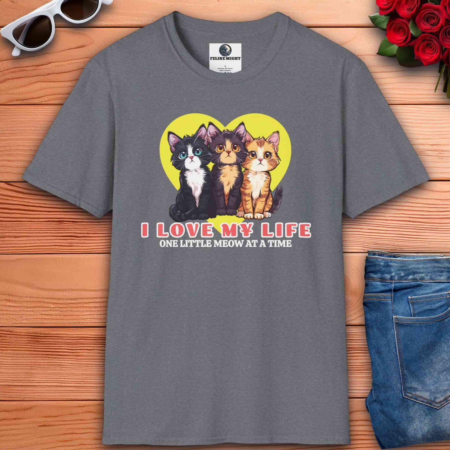 Athletic heather grey t-shirt featuring three cute cats and the phrase 'I Love My Life, One Little Meow at a Time' with a heart background.