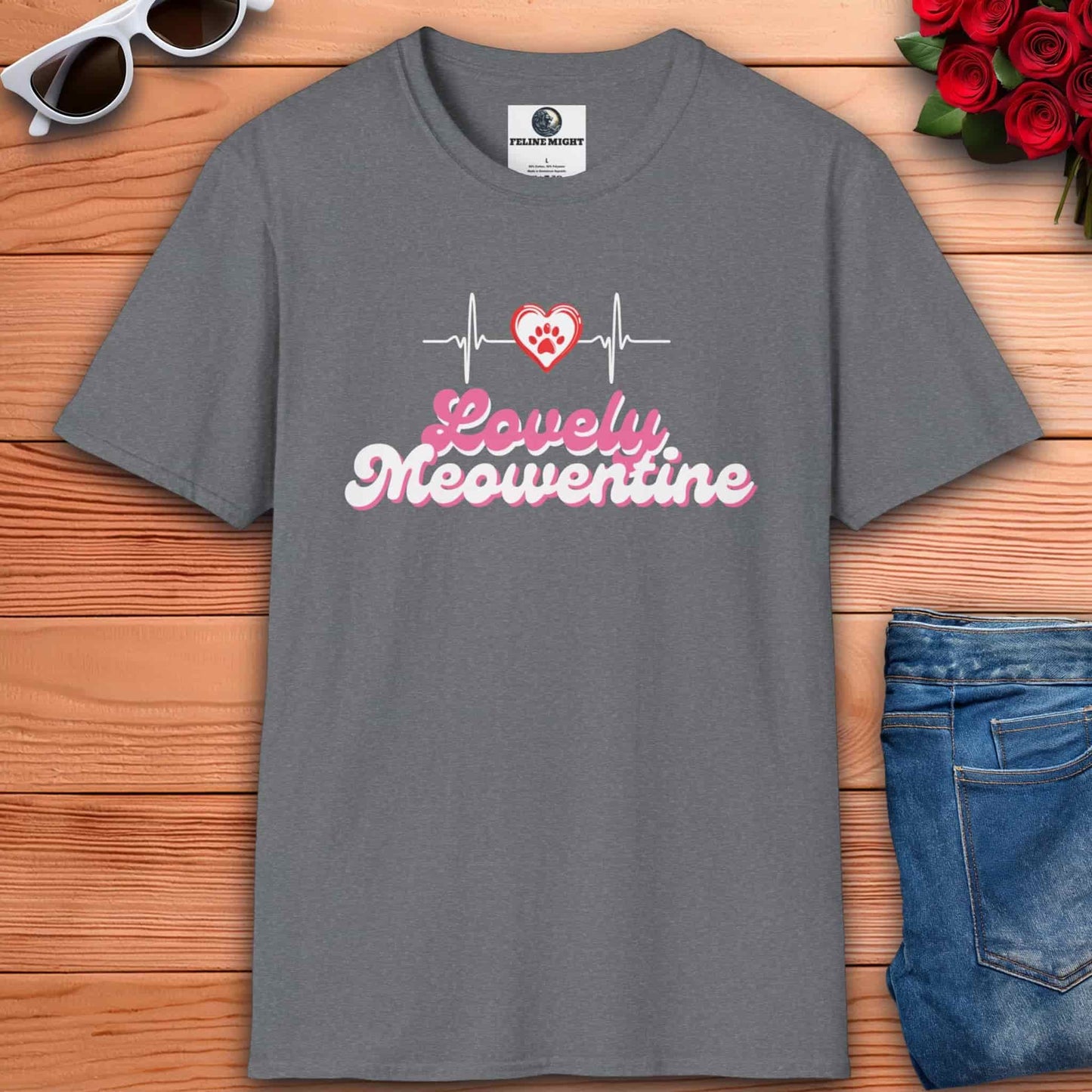 A gray Lovely Meowentine Cat T-Shirt with a paw print and a heartbeat line, perfect for cat lovers celebrating Valentine's.