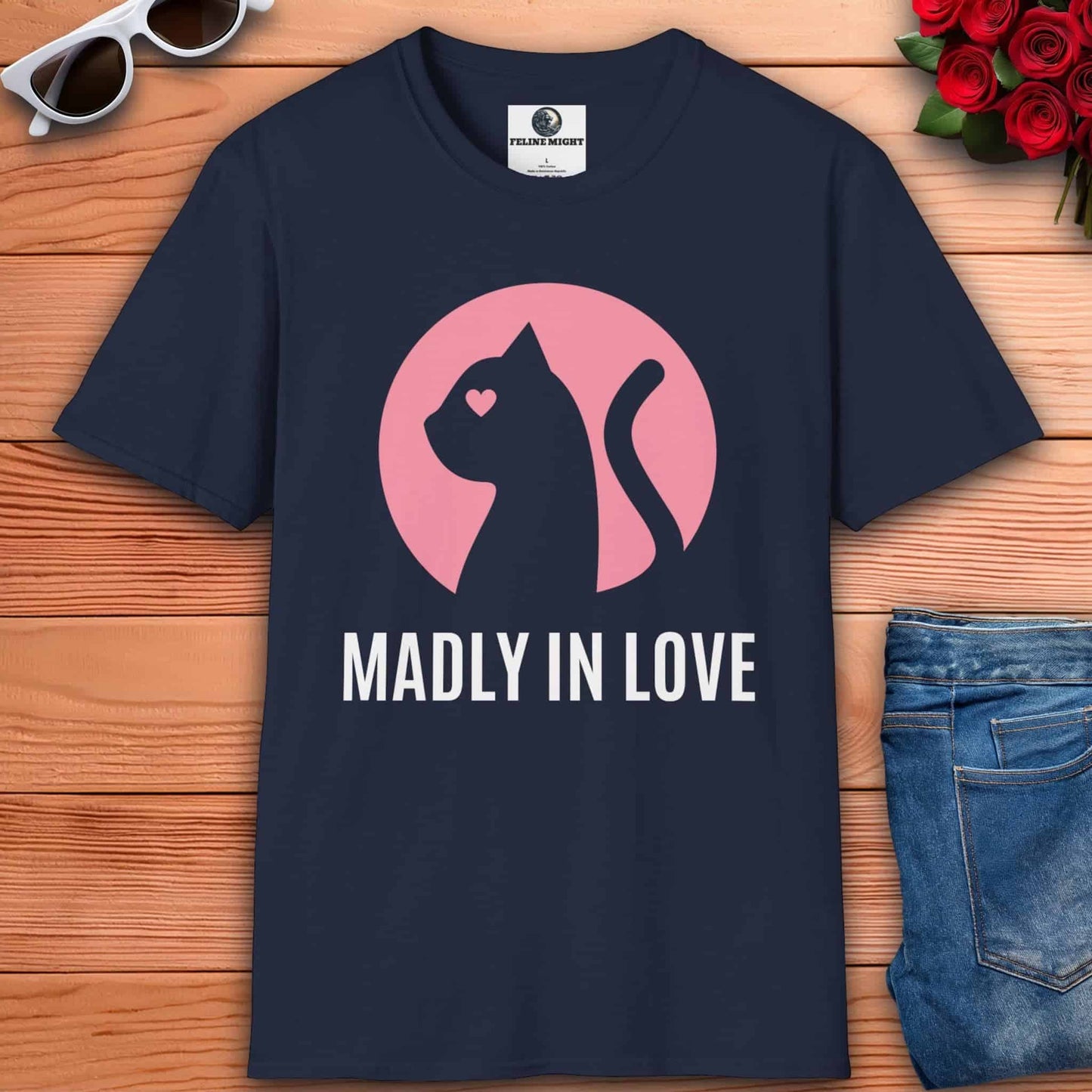A navy blue Madly in Love Cat T-Shirt featuring a cat silhouette with a heart, perfect romantic gift for cat lovers.