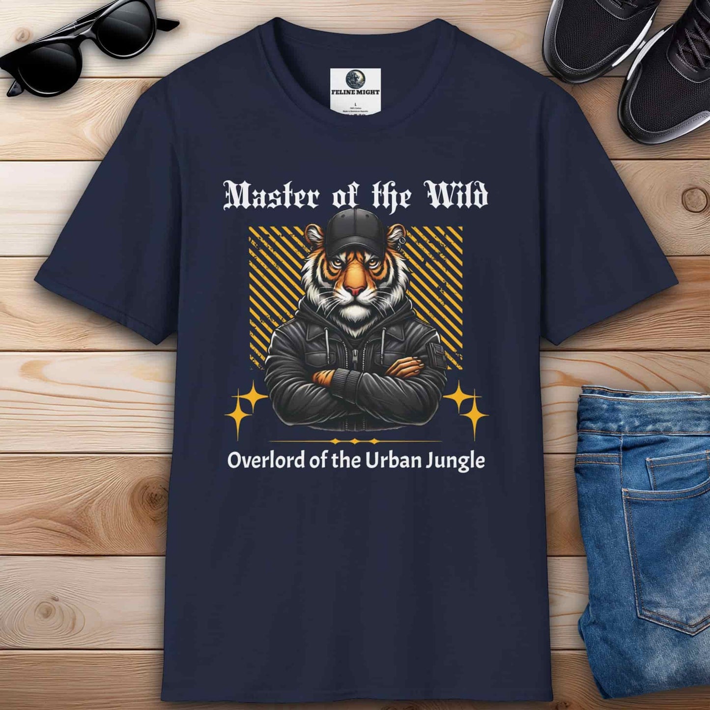 Navy blue t-shirt featuring a tiger wearing a cap and jacket with the text 'Master of the Wild' and 'Overlord of the Urban Jungle'.