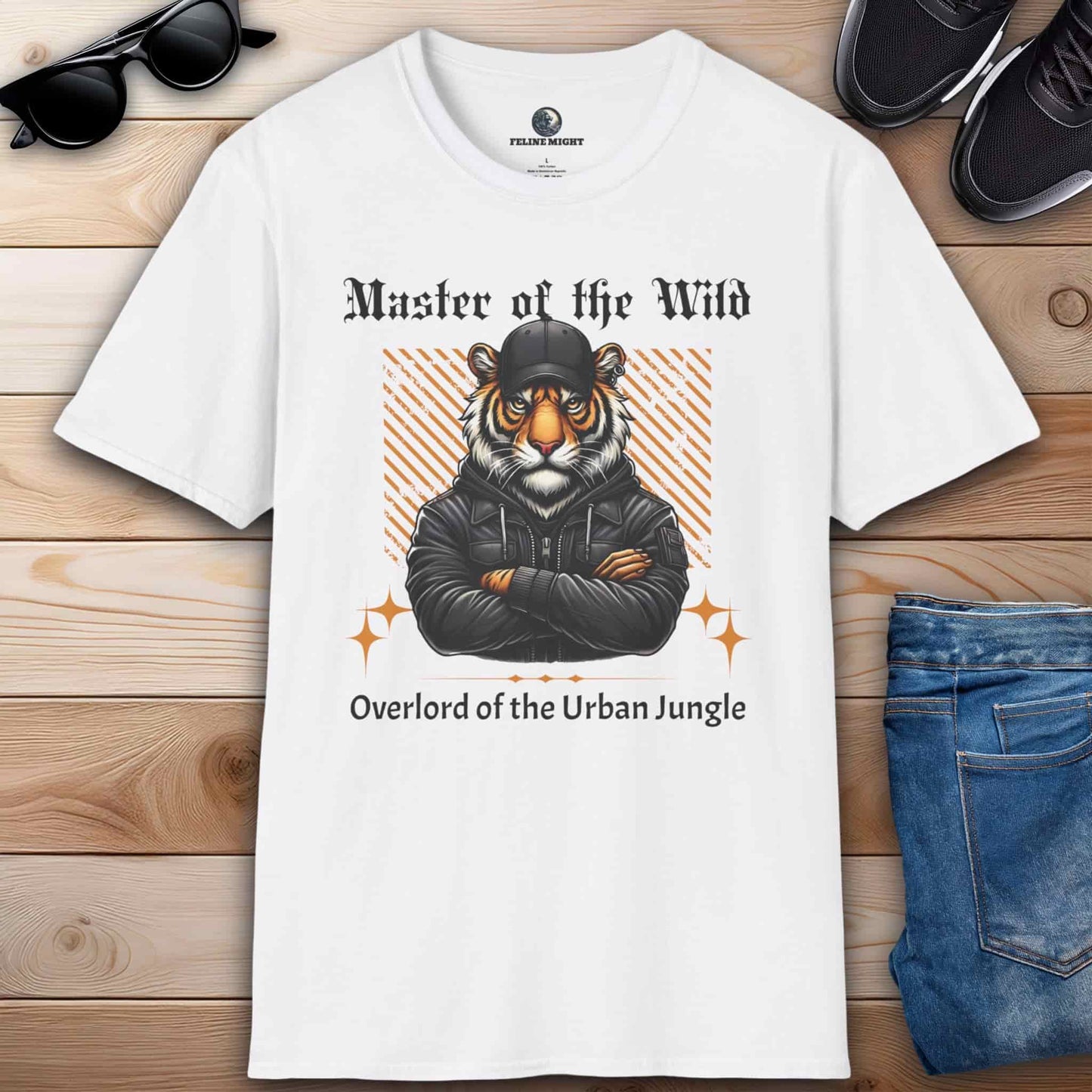 White t-shirt featuring a tiger wearing a cap and jacket with the text 'Master of the Wild' and 'Overlord of the Urban Jungle'.