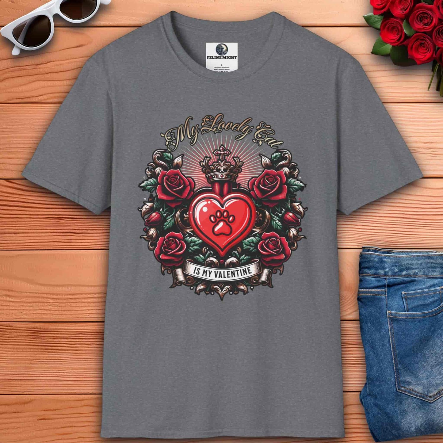 Athletic heather grey t-shirt with a heart design and roses, featuring the text 'My Lovely Cat Is My Valentine'