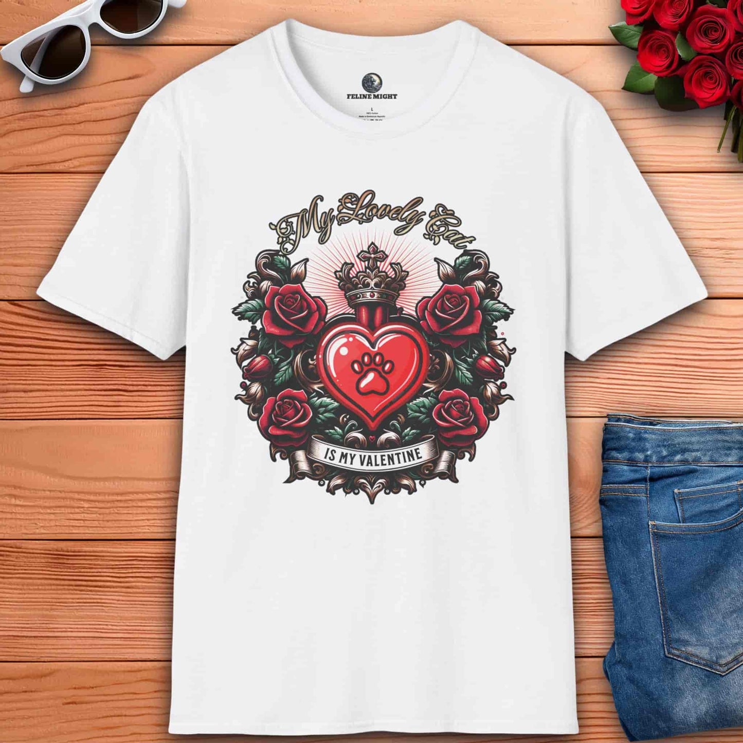 White t-shirt with a heart design and roses, featuring the text 'My Lovely Cat Is My Valentine'