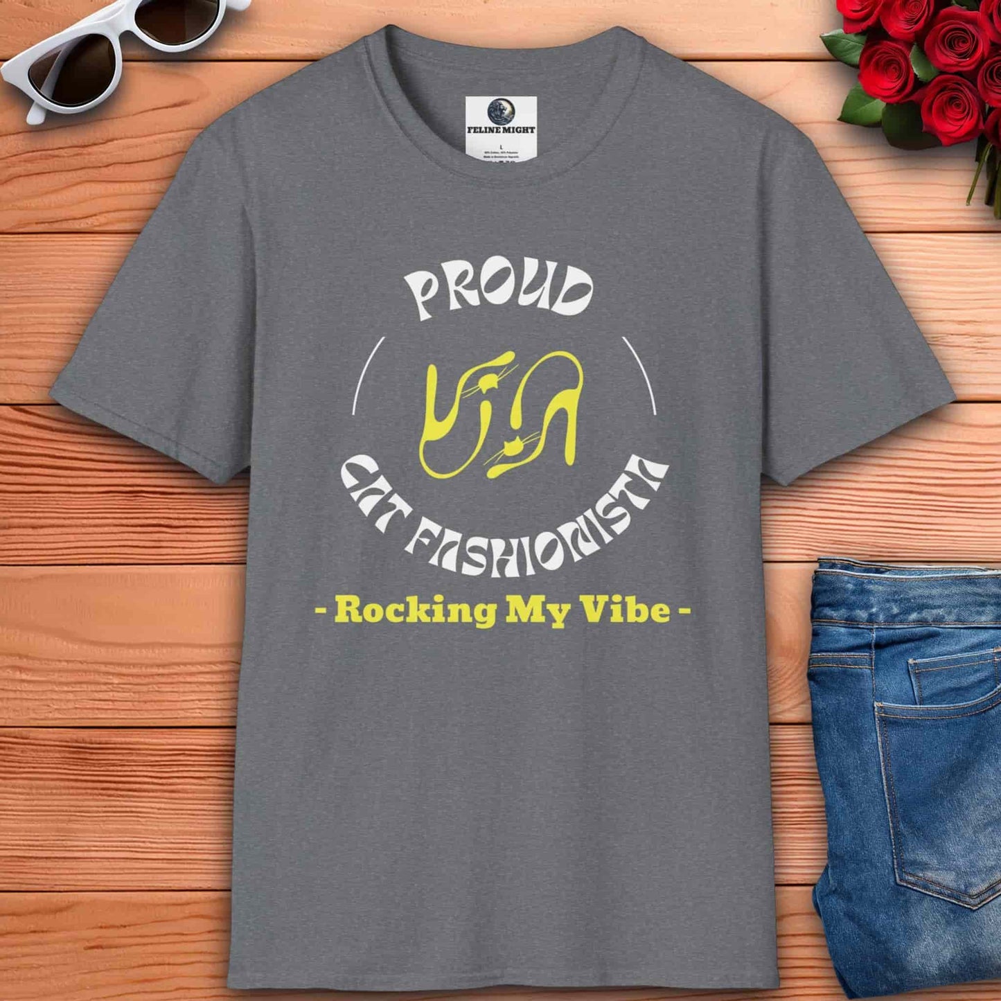 Athletic heather grey t-shirt with 'Proud Cat Fashionista – Rocking My Vibe' design and high heel graphics
