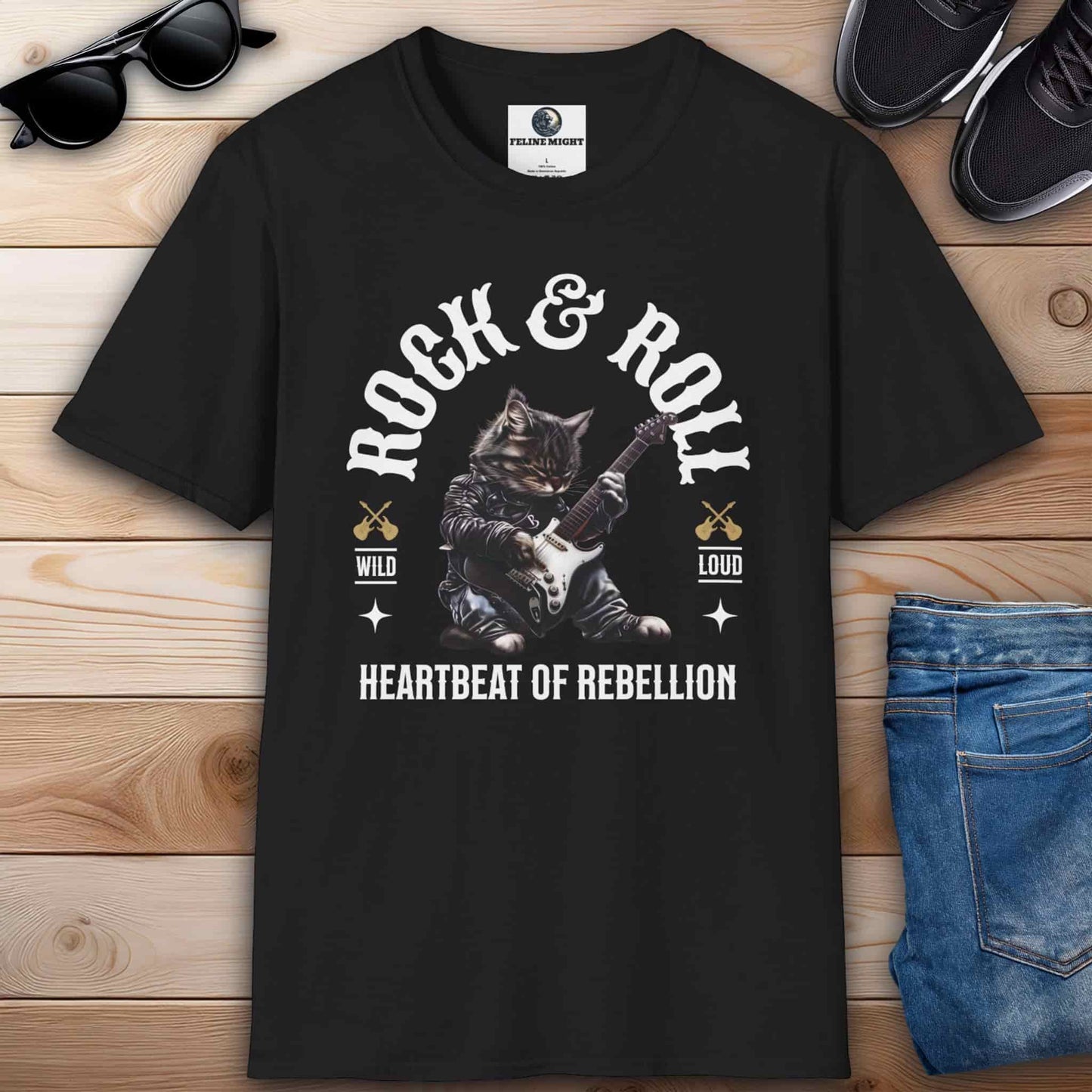 Black t-shirt featuring a cat playing guitar with 'Rock & Roll' text.