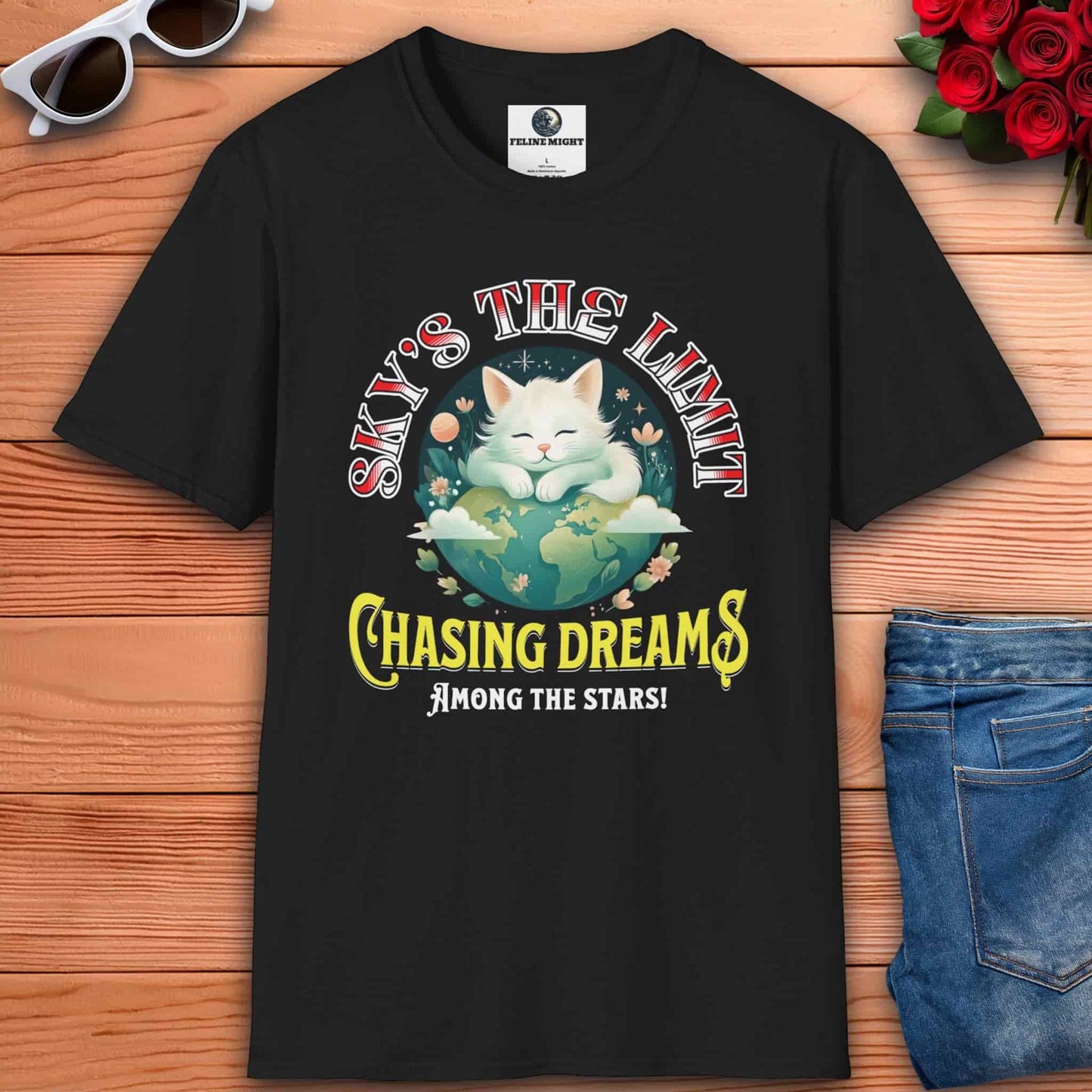 A black T-shirt with the bold statement "Sky's the Limit, Chasing Dreams Among the Stars" reflects a fierce attitude toward pursuing aspirations.