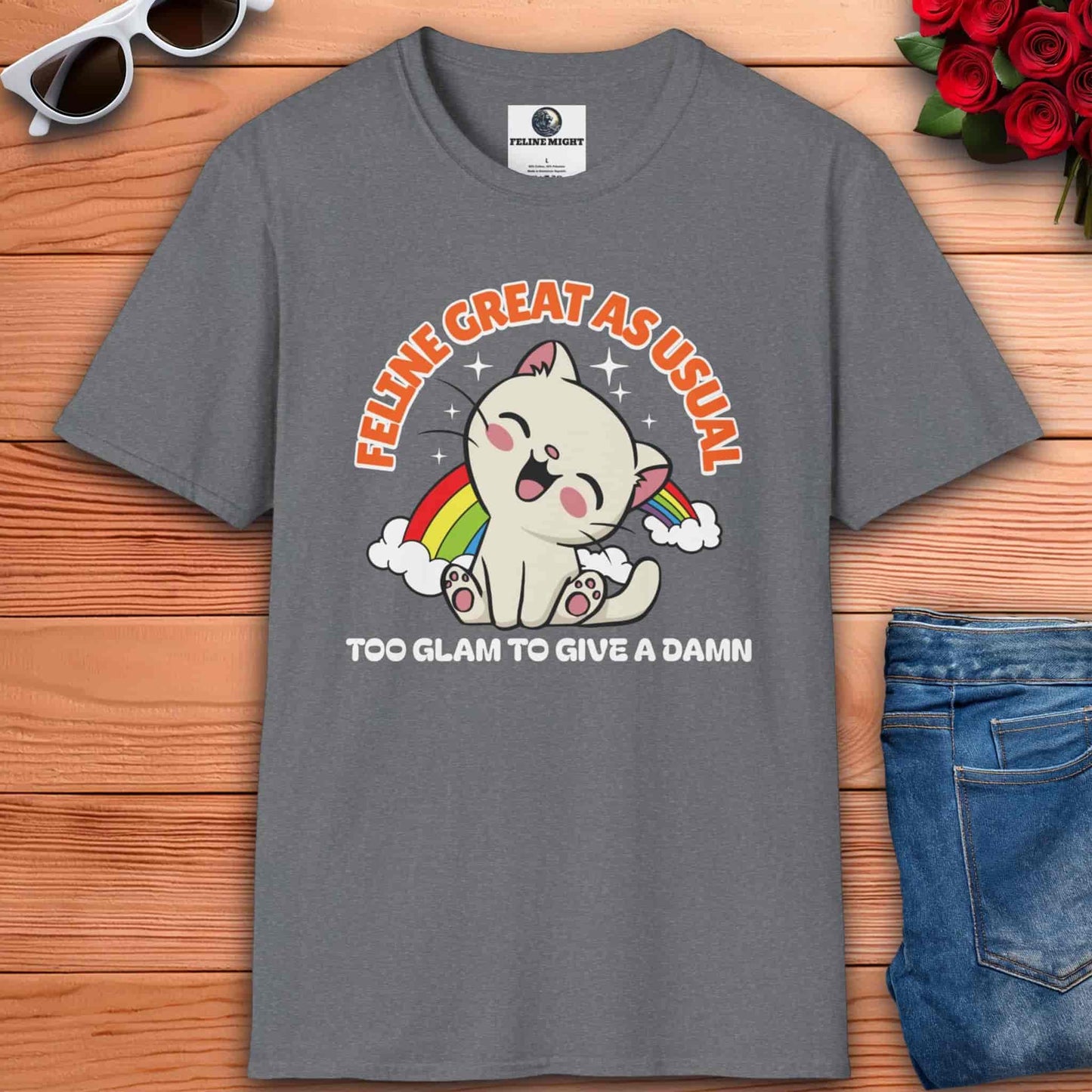 Athletic heather grey t-shirt featuring a playful cat and the phrase 'Too Glam To Give A Damn'.