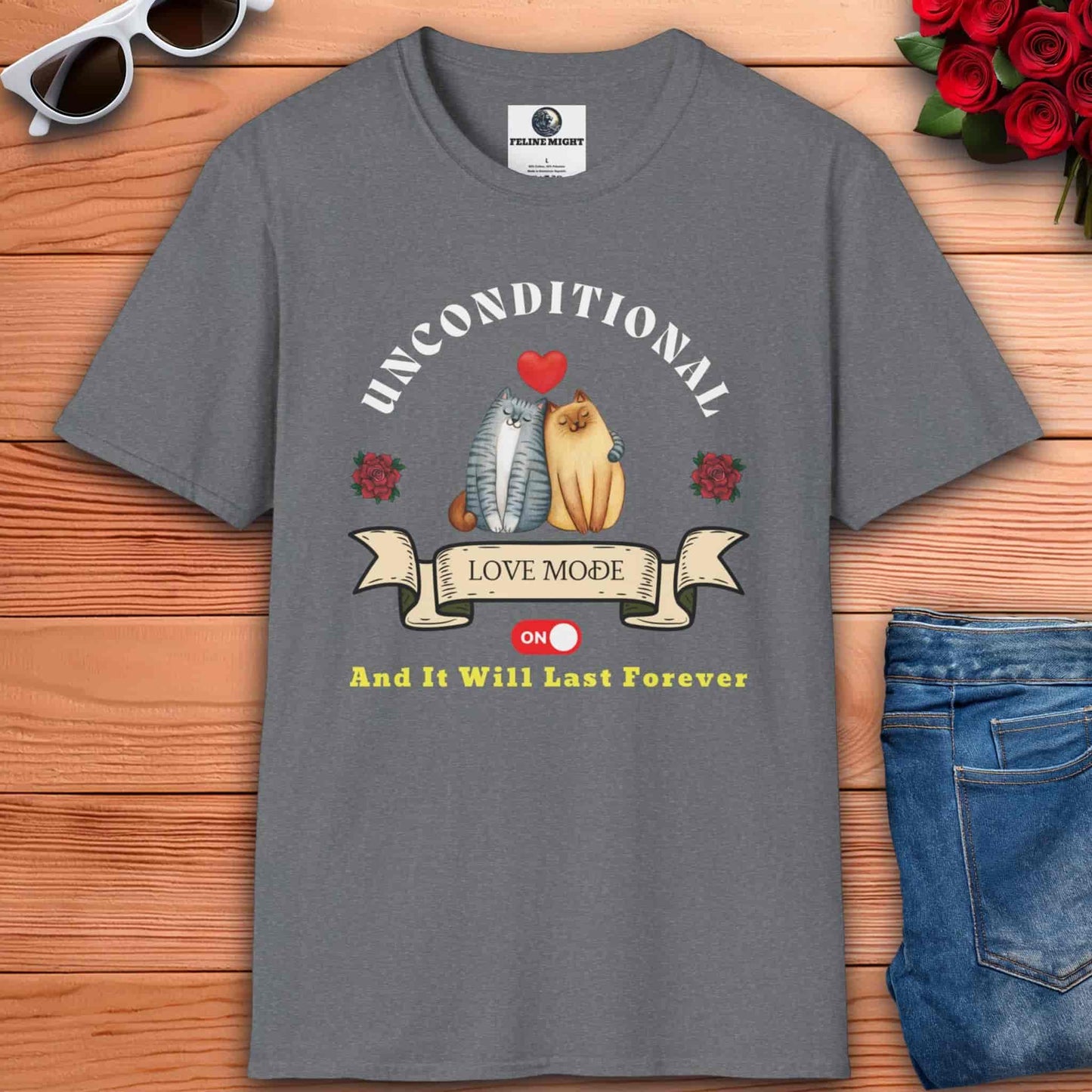 Romantic gray Unconditional Love Cat Couple T-Shirt featuring two cartoon cats in love with the text 'Unconditional Love Mode ON'