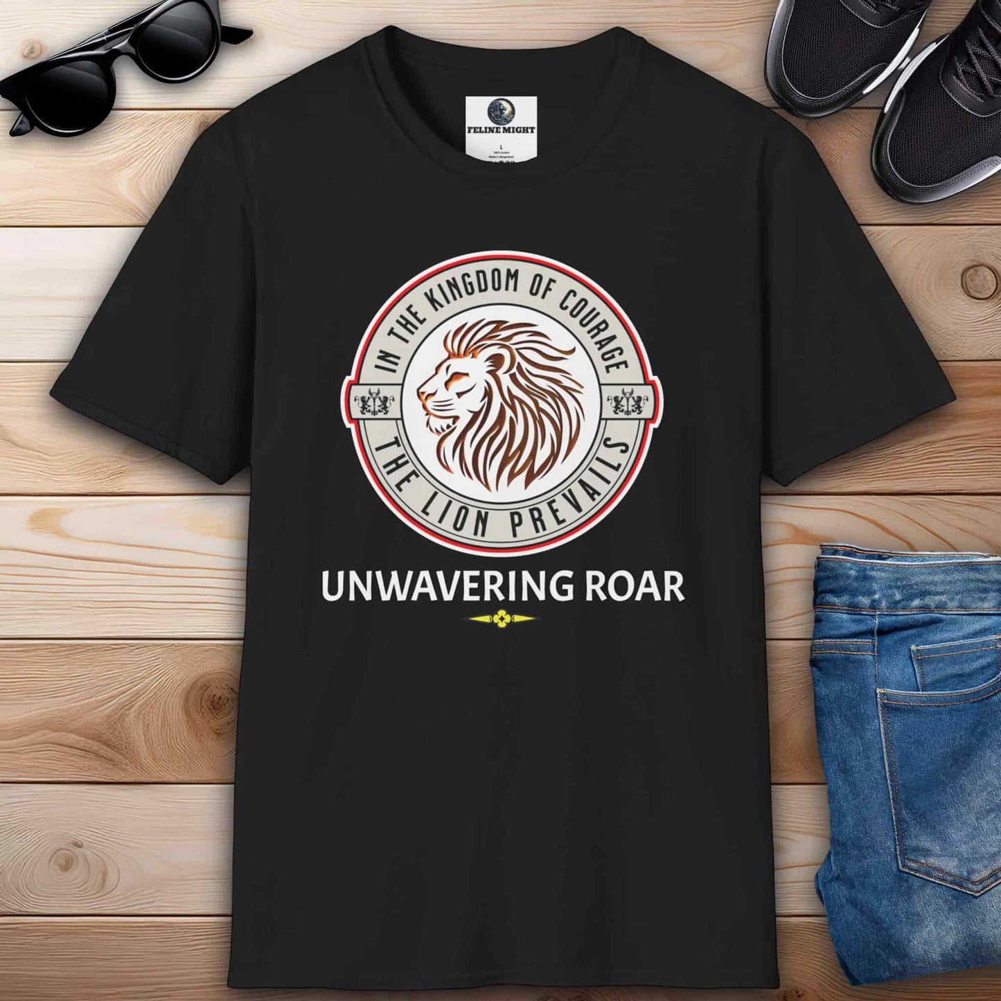 Black t-shirt featuring a lion design with the phrase 'Unwavering Roar'