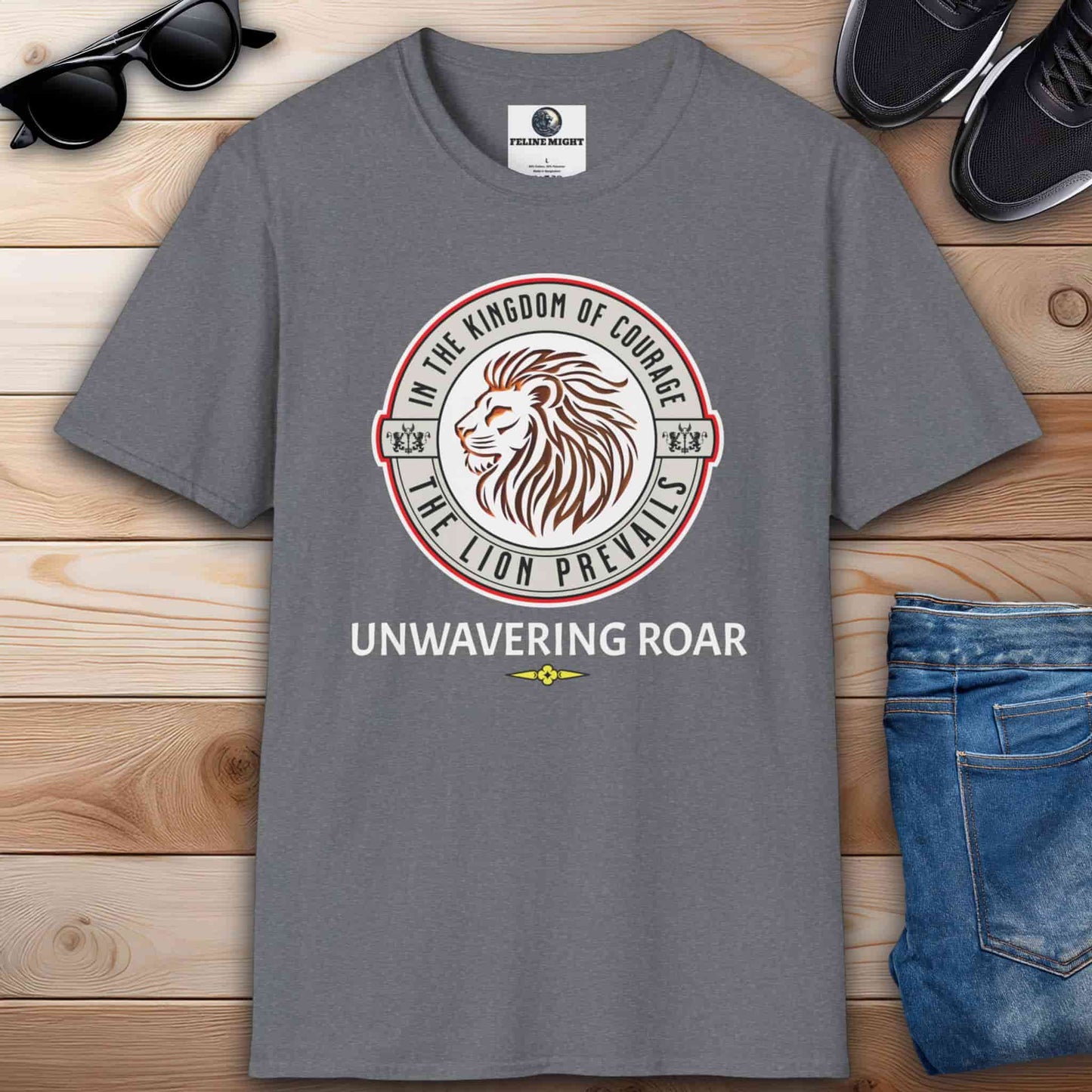 Gray t-shirt featuring a lion design with the phrase 'Unwavering Roar'