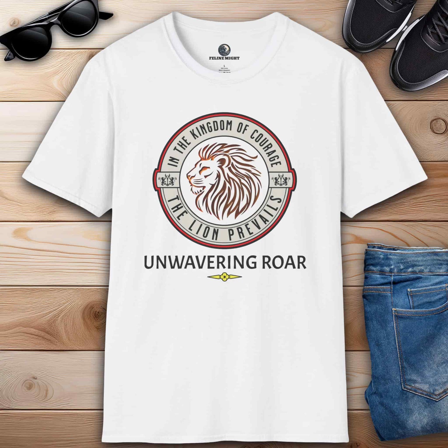 White t-shirt featuring a lion design with the phrase 'Unwavering Roar'