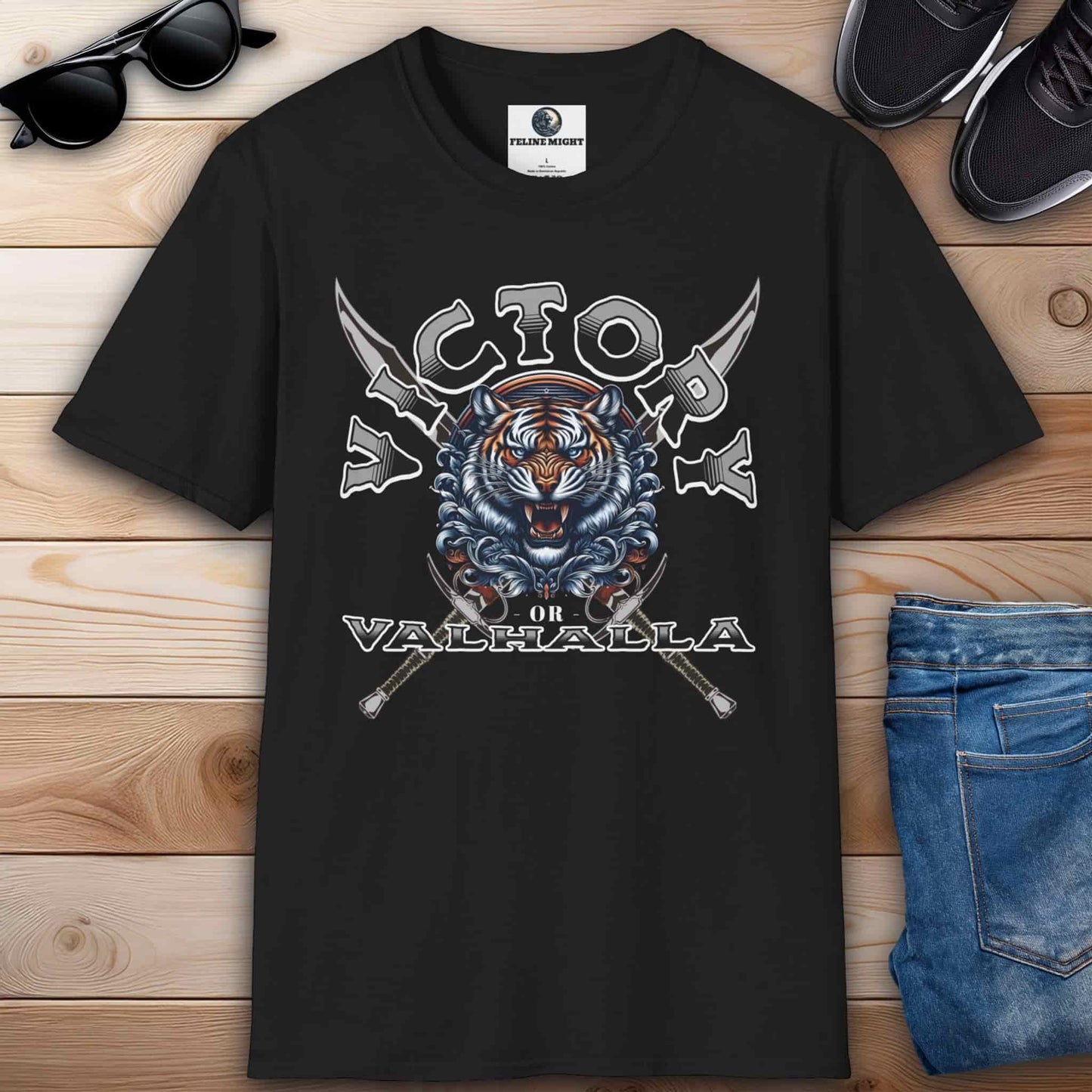 Black t-shirt featuring a tiger graphic with the text 'Victory or Valhalla'