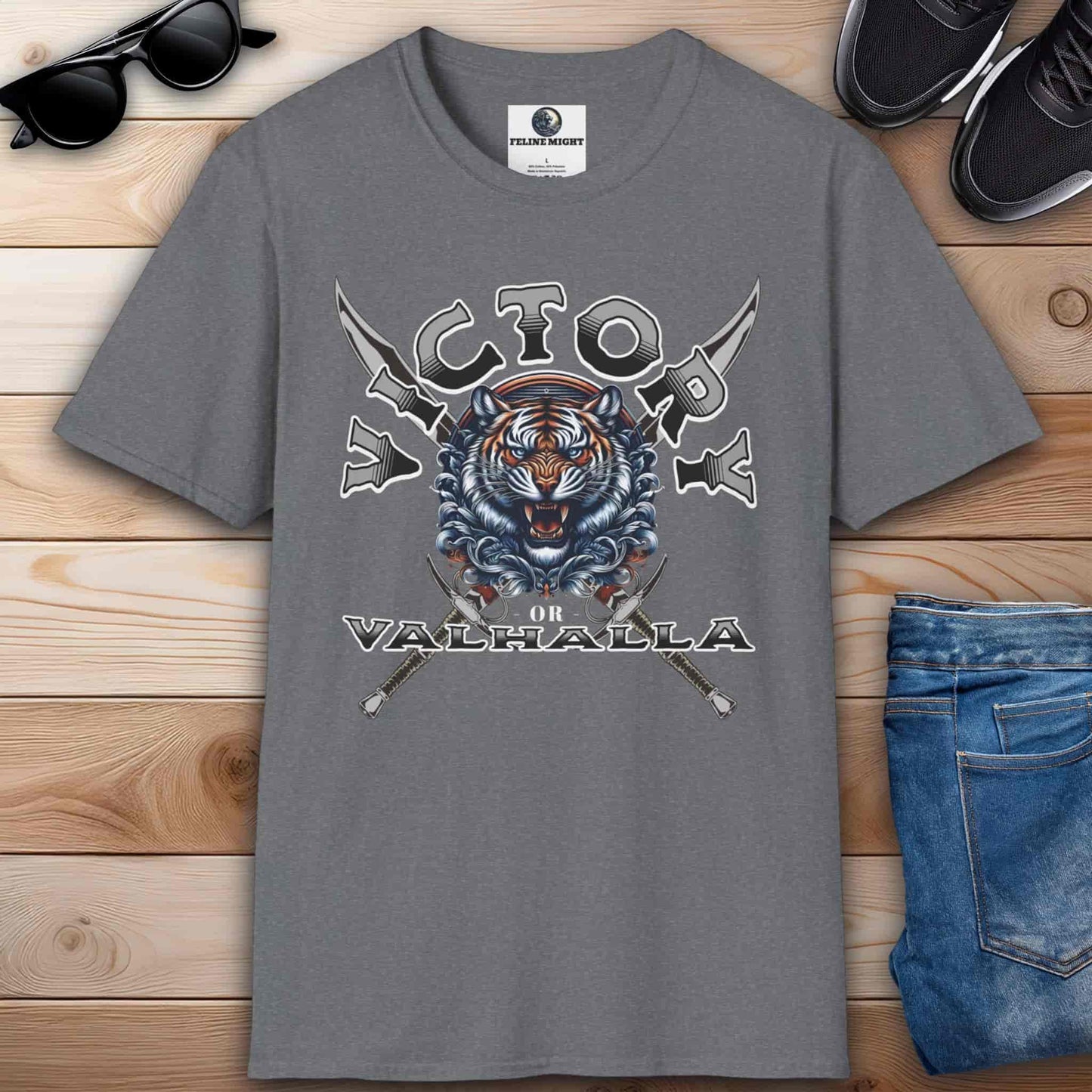 Athletic heather grey t-shirt featuring a tiger graphic with the text 'Victory or Valhalla'