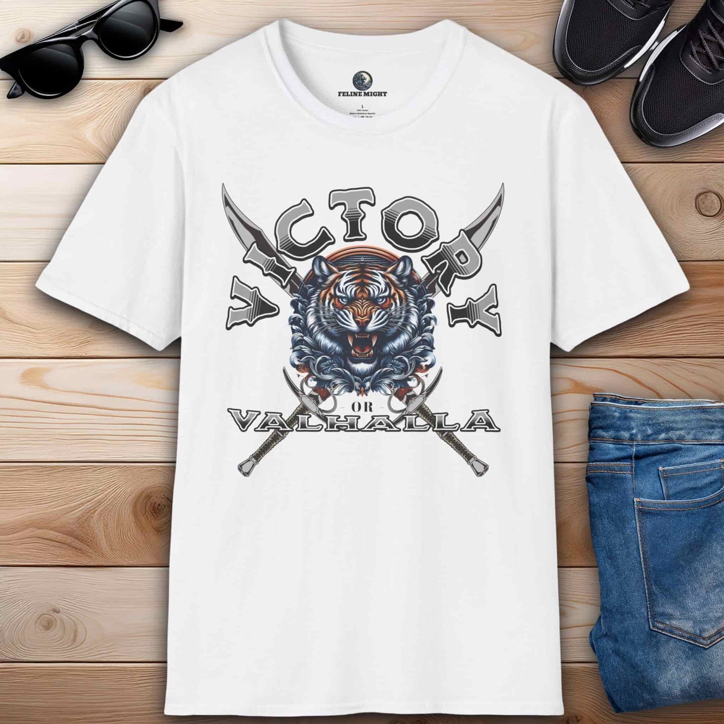 White t-shirt featuring a tiger graphic with the text 'Victory or Valhalla'