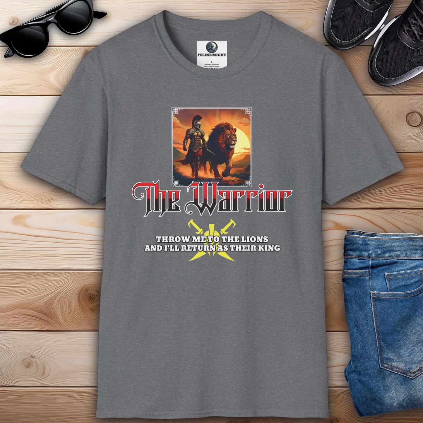 Gray T-shirt depicting a warrior with a lion and the phrase 'Throw me to the lions and I will return as your king'.