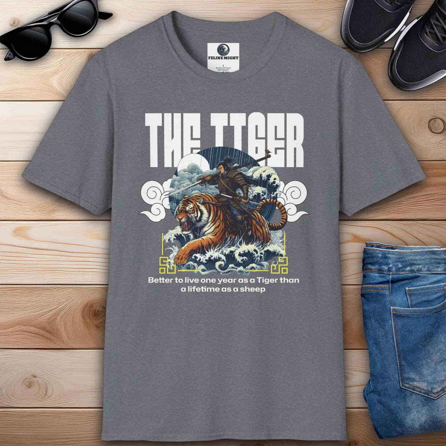 Athletic heather grey t-shirt featuring a tiger and a warrior with the quote 'Better to live one year as a Tiger than a lifetime as a sheep.'