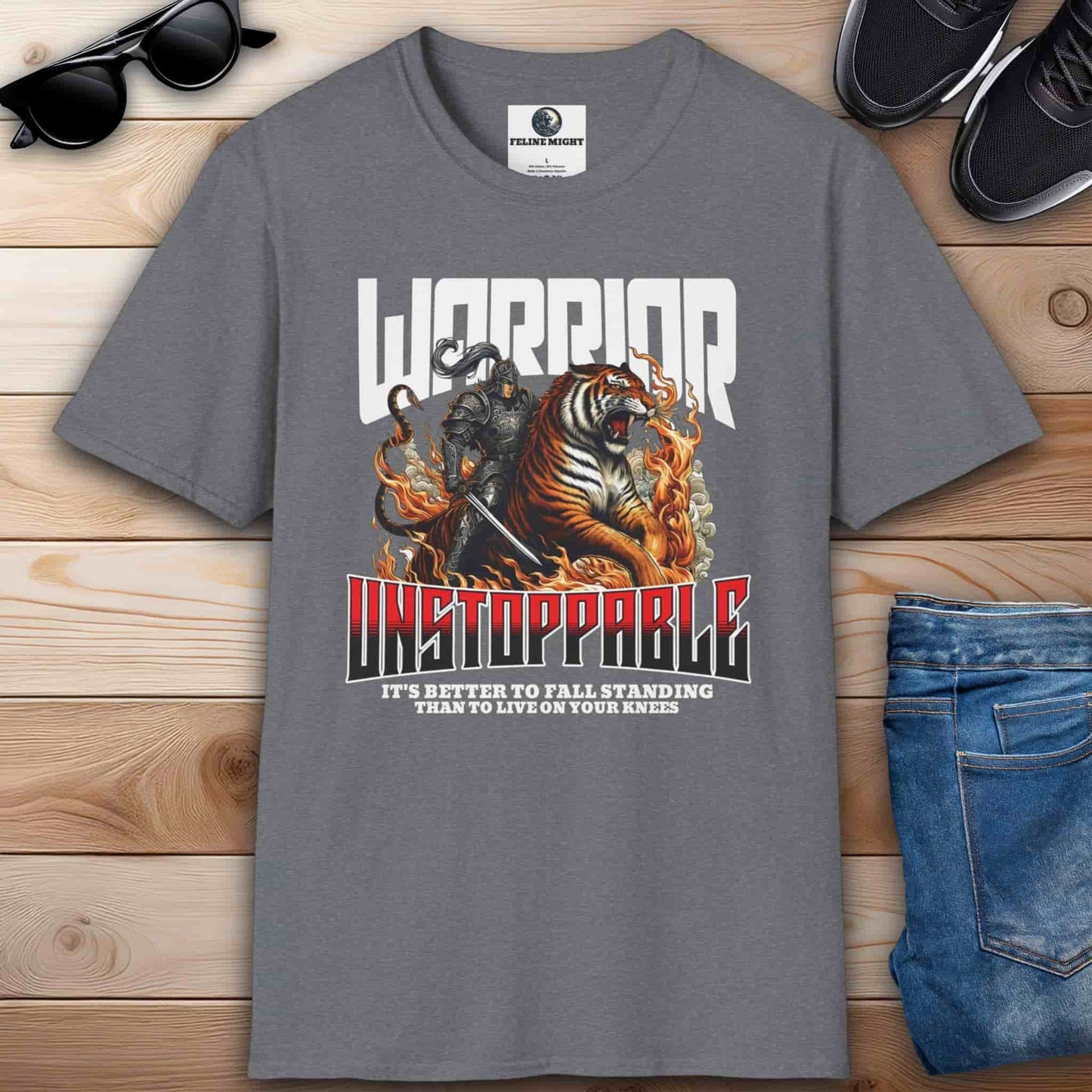 Athletic heather grey t-shirt featuring a warrior and tiger graphic with the text 'Unstoppable' and a motivational quote.