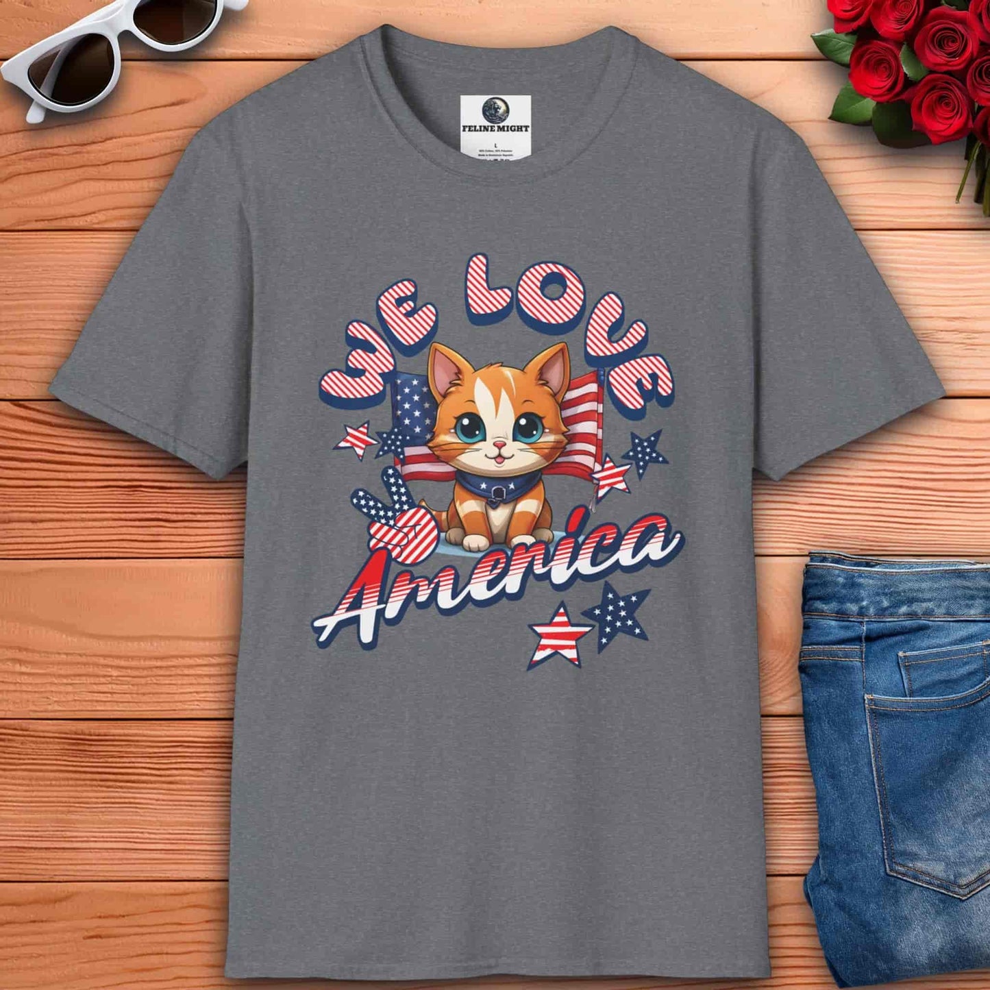 Athletic heather grey t-shirt featuring cute cat design with 'We Love America' text and patriotic elements
