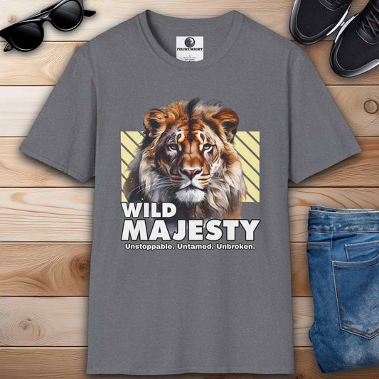 A gray Wild Majesty Lion T-Shirt featuring a majestic lion illustration with the text 'Wild Majesty' and the tagline 'Unstoppable. Untamed. Unbroken.'